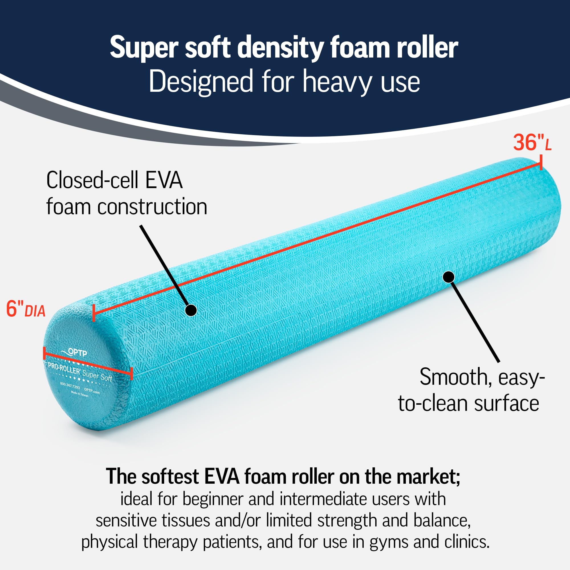 Pro-Roller Super Soft - Optp Foam Roller 36 Inch X 6 Inch - Super Soft Density - Light Blue Low Density Foam Roller For Physical