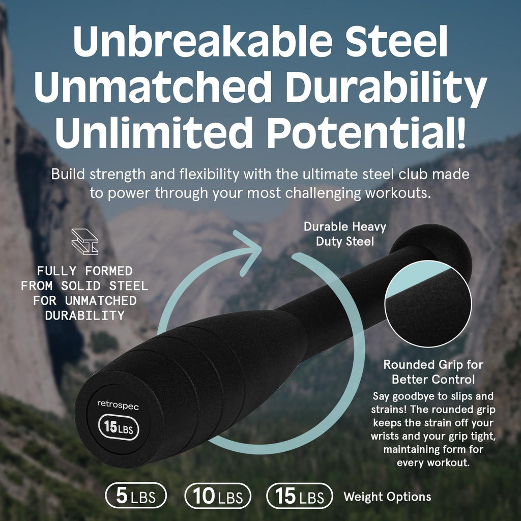 Retrospec Grip Steel Club 15 Lbs For Strength Training, Rehabilitation, Stretching, Conditioning And Rotational Training - 5, 10