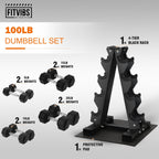 Fitvids 100 LB Rubber Coated Hex Dumbbell Set with Storage Rack, 5-25LB Hand Weight Set with Anti-Slip Grip for Home Gym