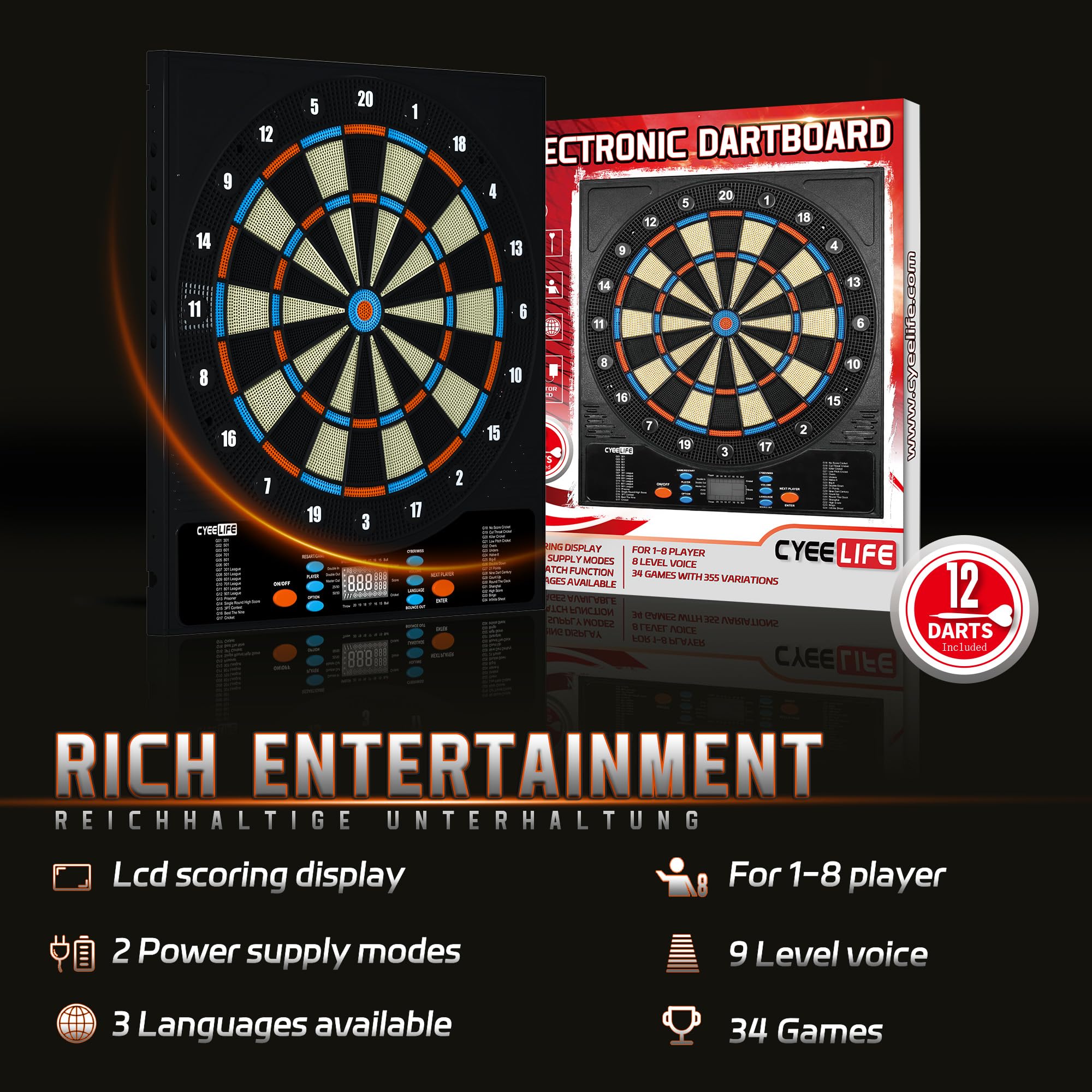 Cyeelife Electronic Dartboard&12 Soft Darts,8 Players&34 Games&255 Variations,Battery/Adapter/3 Languages Switching For Professi