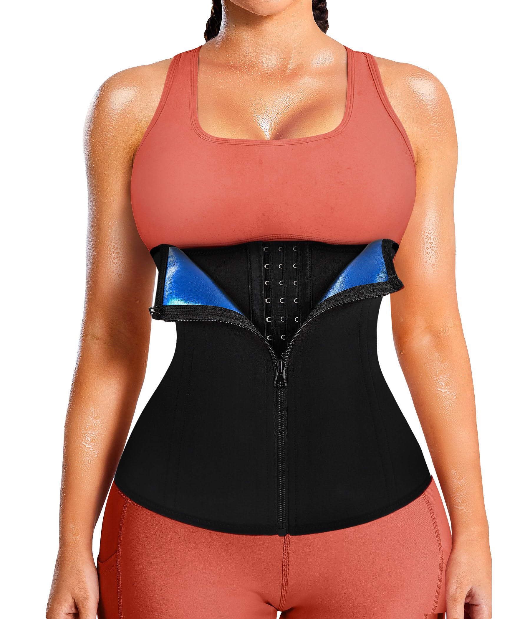 Leinidina Womens Waist Trainer Corset With Zipper Sweat Waist Trimmer For Women Workout Belt Corset Shapewear, Black, XSmall