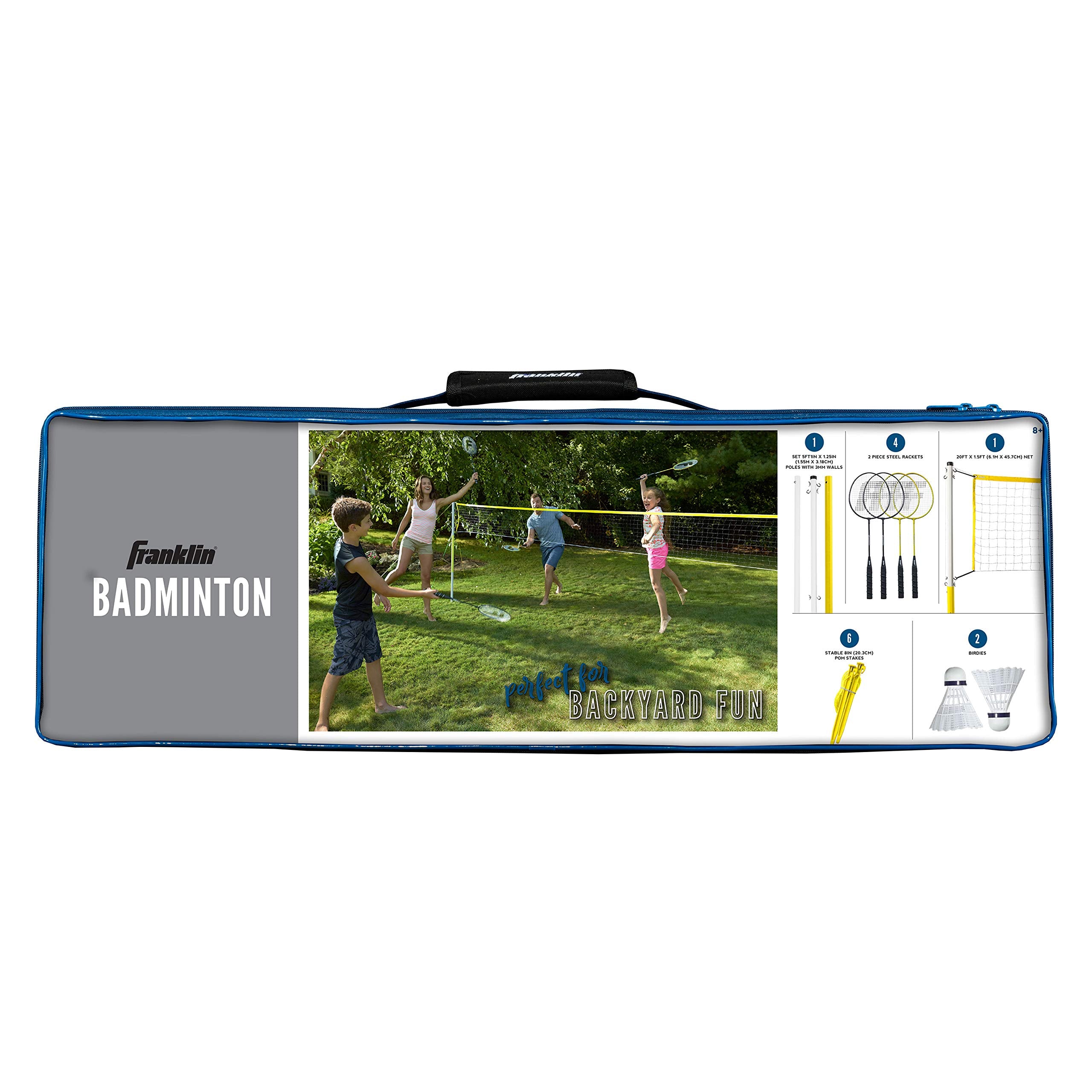 Franklin Sports Badminton Set - Backyard + Beach Badminton Net Set - Rackets And Birdies Included - Portable 4 Player Badminton