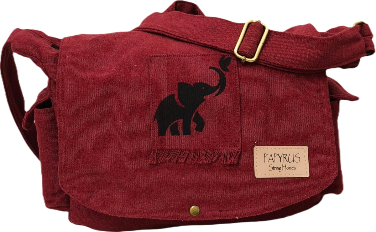 Papyrus Canvas Messenger Sling Bag,(32X23X10Cm, 7.5L) Medium Size. Patching With Elephant Design (Red Maroon)