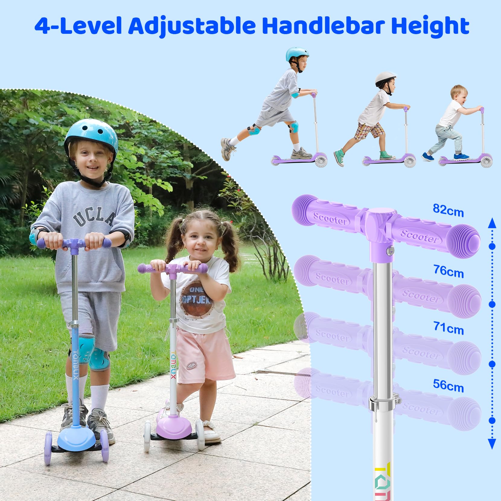 TONBUX Kids Scooter for Ages 3-8, Toddler Scooter with Light-Up Deck and Wheels, Adjustable 4-Level Height 3-Wheel Scooters for