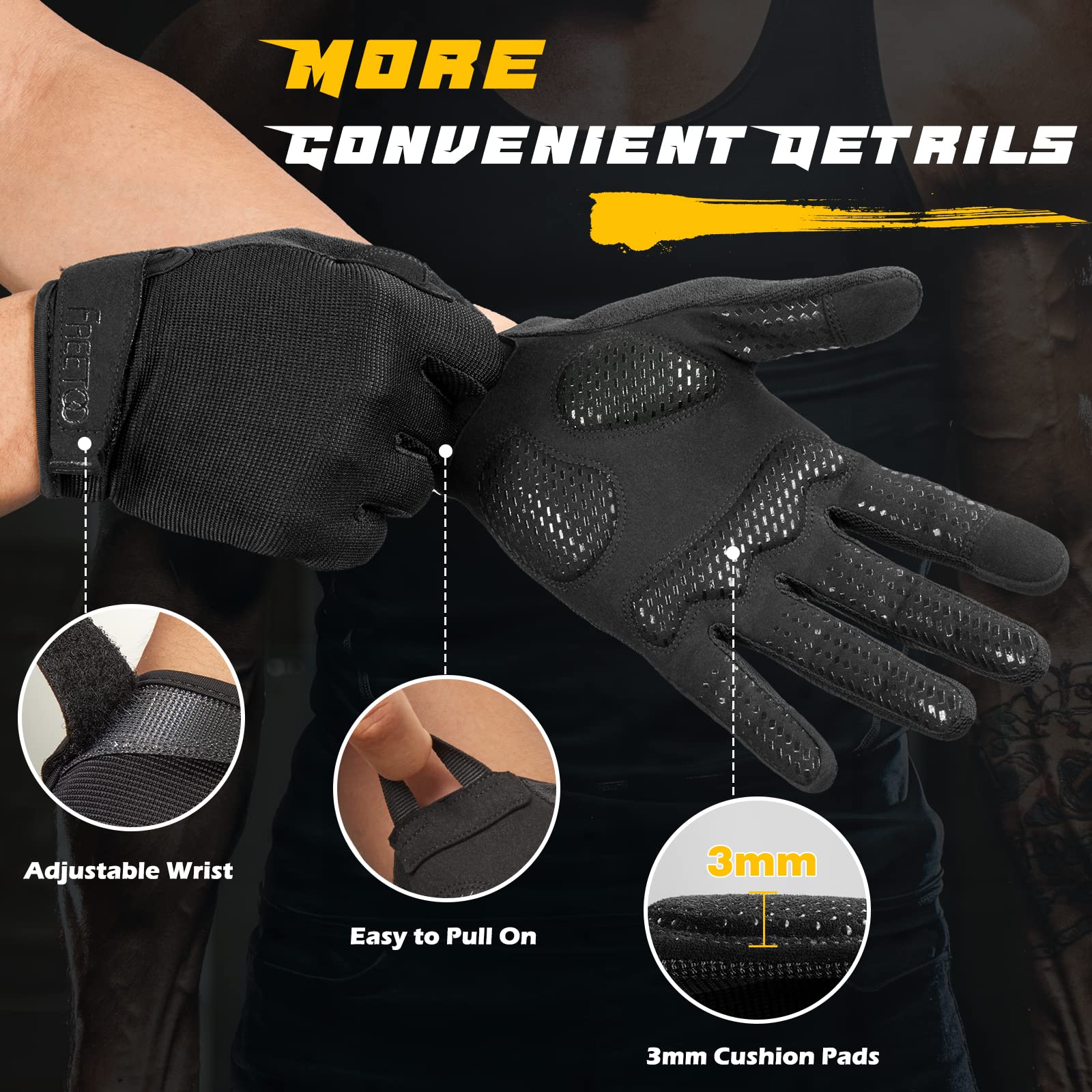 Freetoo Full-Finger Workout Gloves For Men, [Excellent Grip] [Palm Protection] Padded Weightlifting Gloves Lightweight Gym Glove