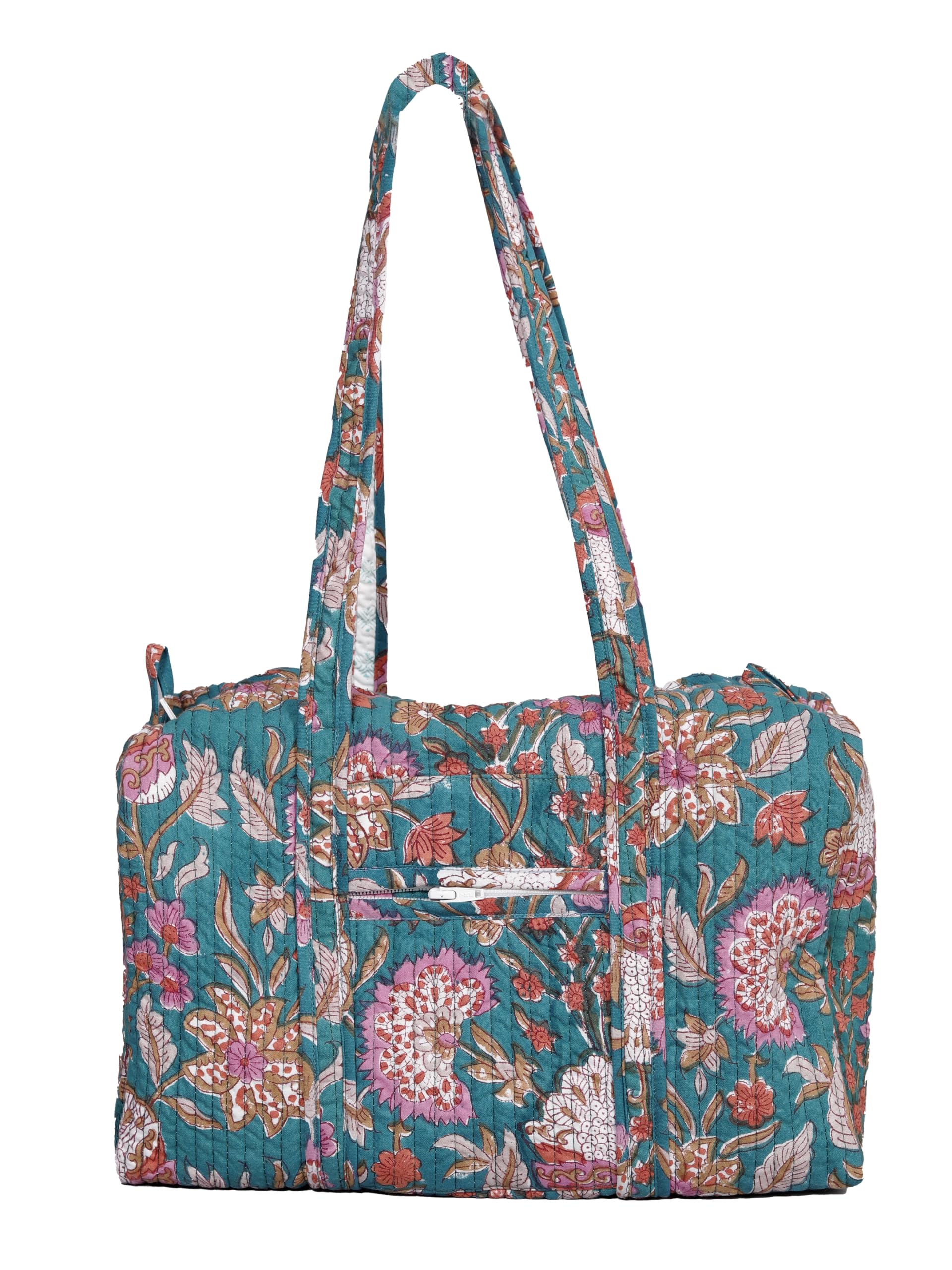 WomenS Hand Block Cotton Printed Quilted Small Duffle Bag, Lightweight Weekender Travel Bag, Duffel Tote With Shoulder Straps, 