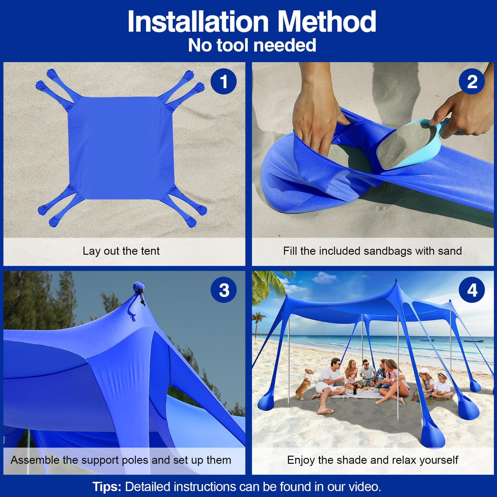 Rhino Valley Beach Tent, 10 X 10 Ft Beach Shade Upf50+ Protection, Beachcanopy With 8 Sandbags 4 Stability Poles, Outdoor Beach