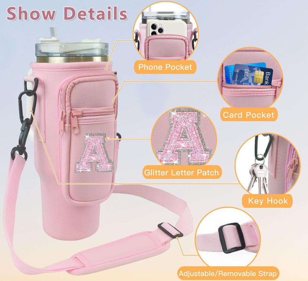Aganmi Water Bottle Holder Bag With Strap For Stanley 40 Oz Tumbler With Handle,Initial Crossbody Water Bottle Carrier Bag With