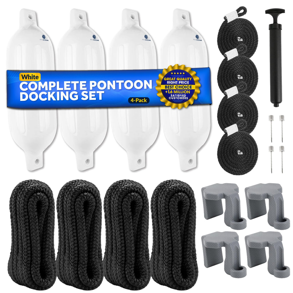 Five Oceans Boat Fenders Complete Set - Includes 4-Pack 4.5 X 16-Inch, White - Boat Bumpers Clips, Dock Lines 3/8'' X 15' - 4 Ro