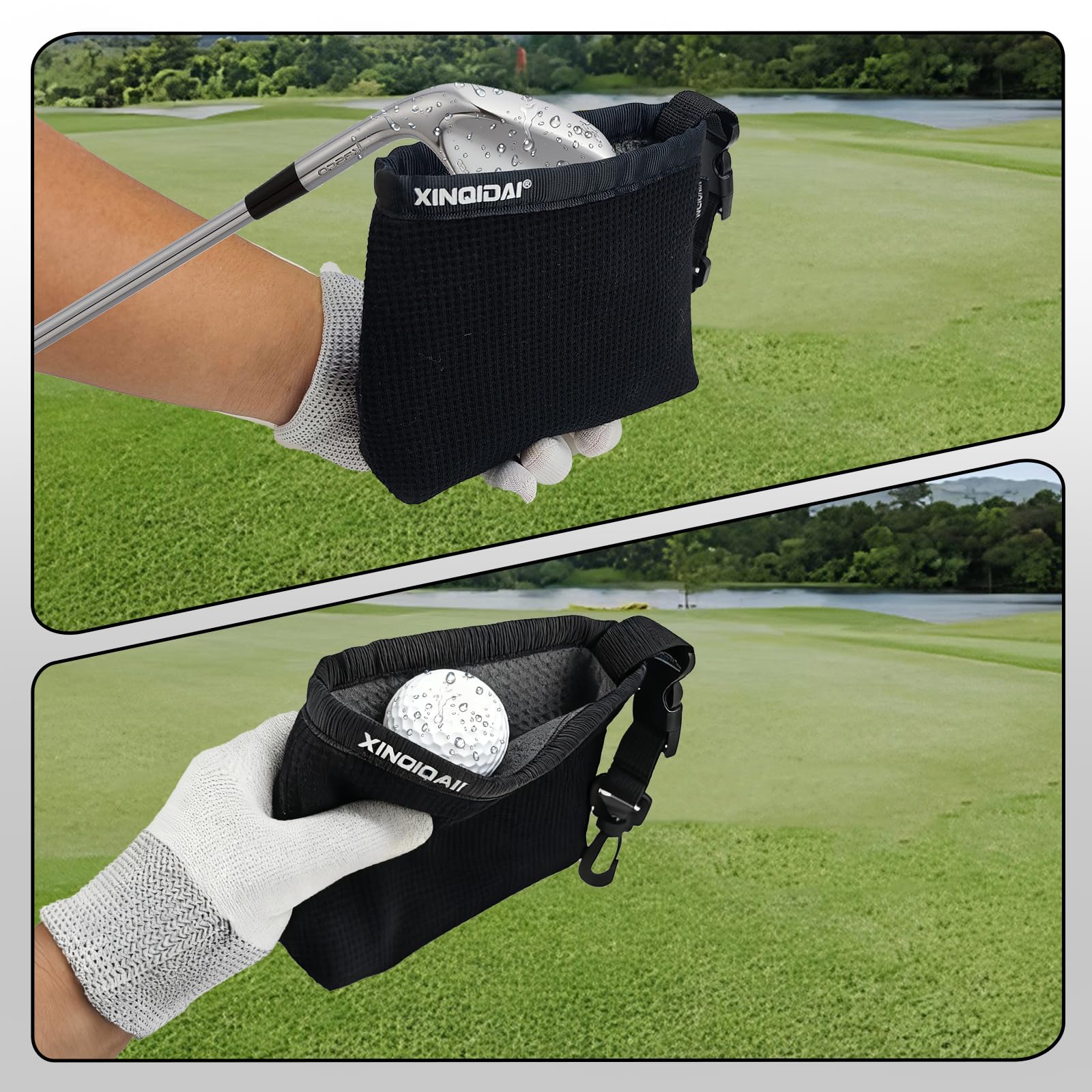 XINQIDAI Golf Club and Golf Ball Cleaning Bag - Cleans Club Grooves, Golf Bag Accessories,Waterproof Clean Face Tech, Detachable