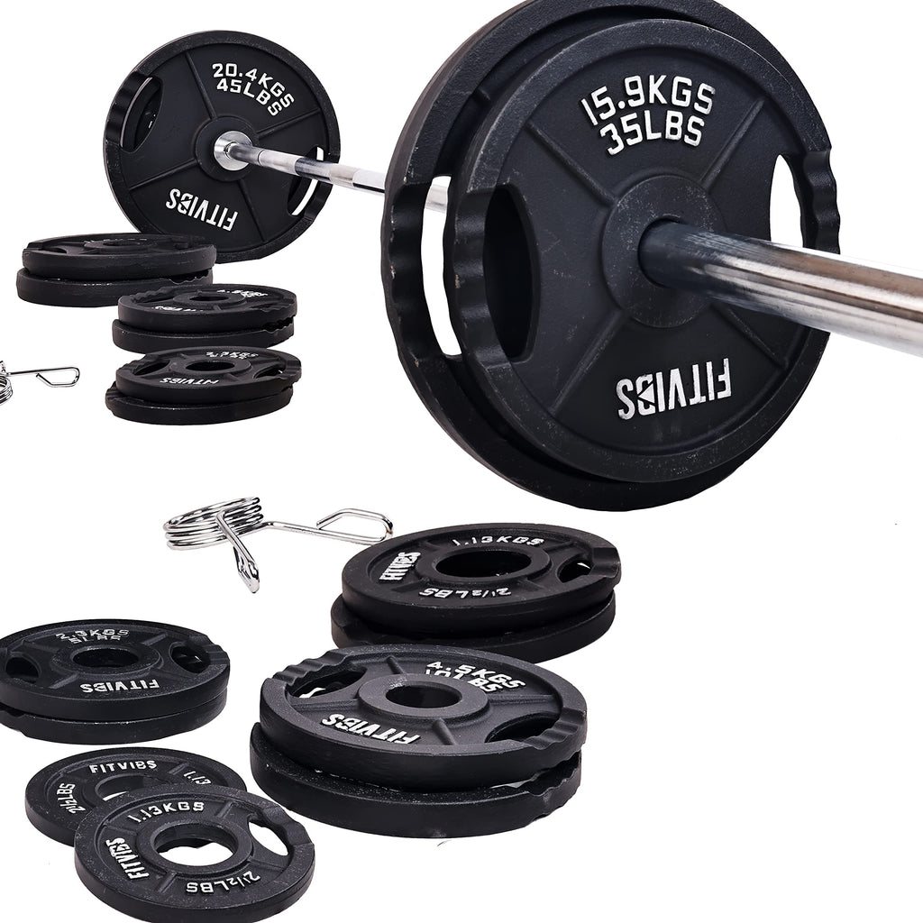 Signature Fitness Cast Iron Olympic 2-Inch Weight Plates Including 7FT Olympic Barbell, 325-Pound Set (280 Pounds Plates + 45 Po