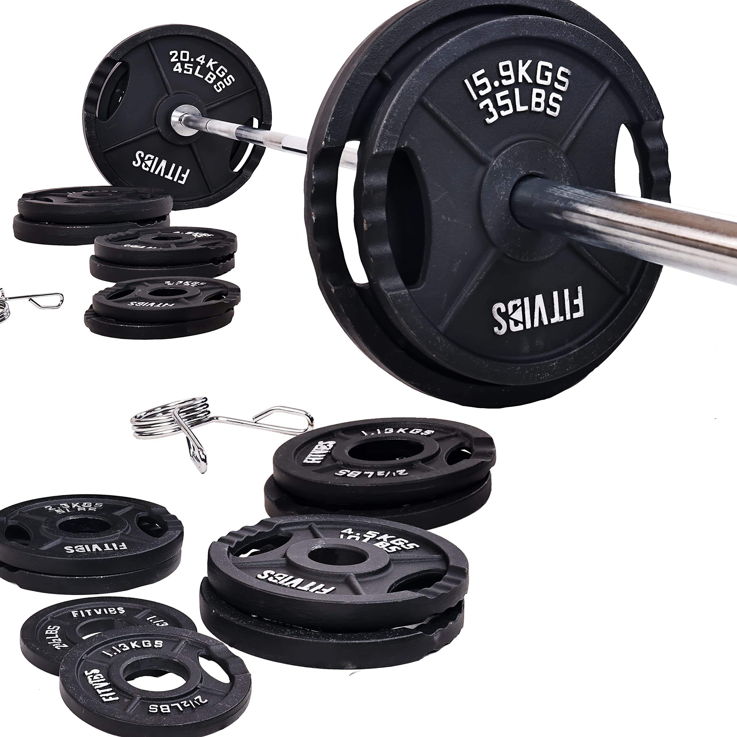 Signature Fitness Cast Iron Olympic 2-Inch Weight Plates Including 7FT Olympic Barbell, 325-Pound Set (280 Pounds Plates + 45 Po
