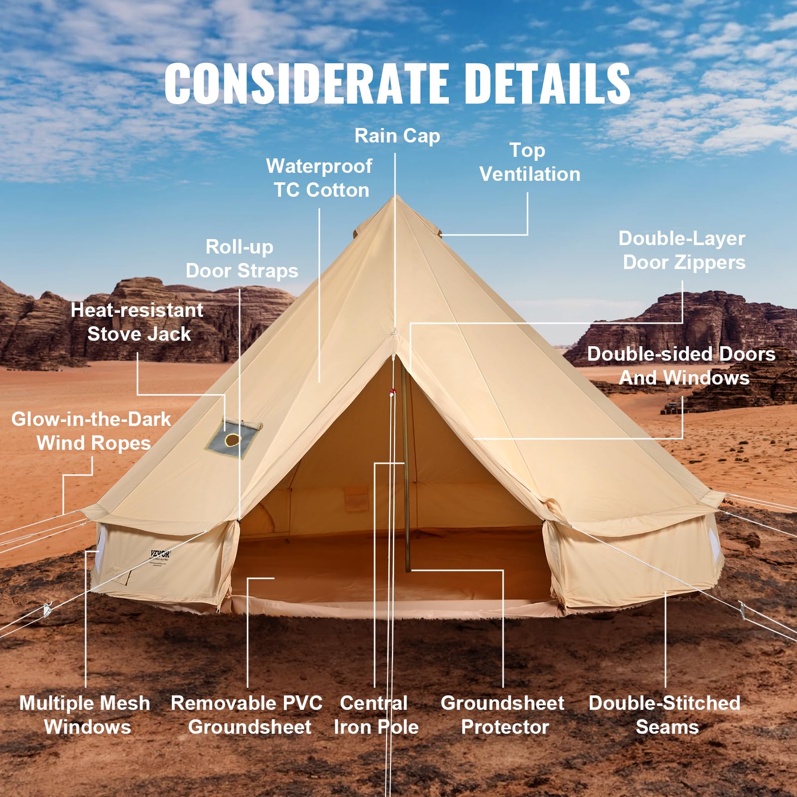Vevor Canvas Bell Tent, Yurt Tents 4 Seasons 4 M/13.12 Ft, Canvas Tents For Camping With Stove Jack Holds Up To 6 People, Family