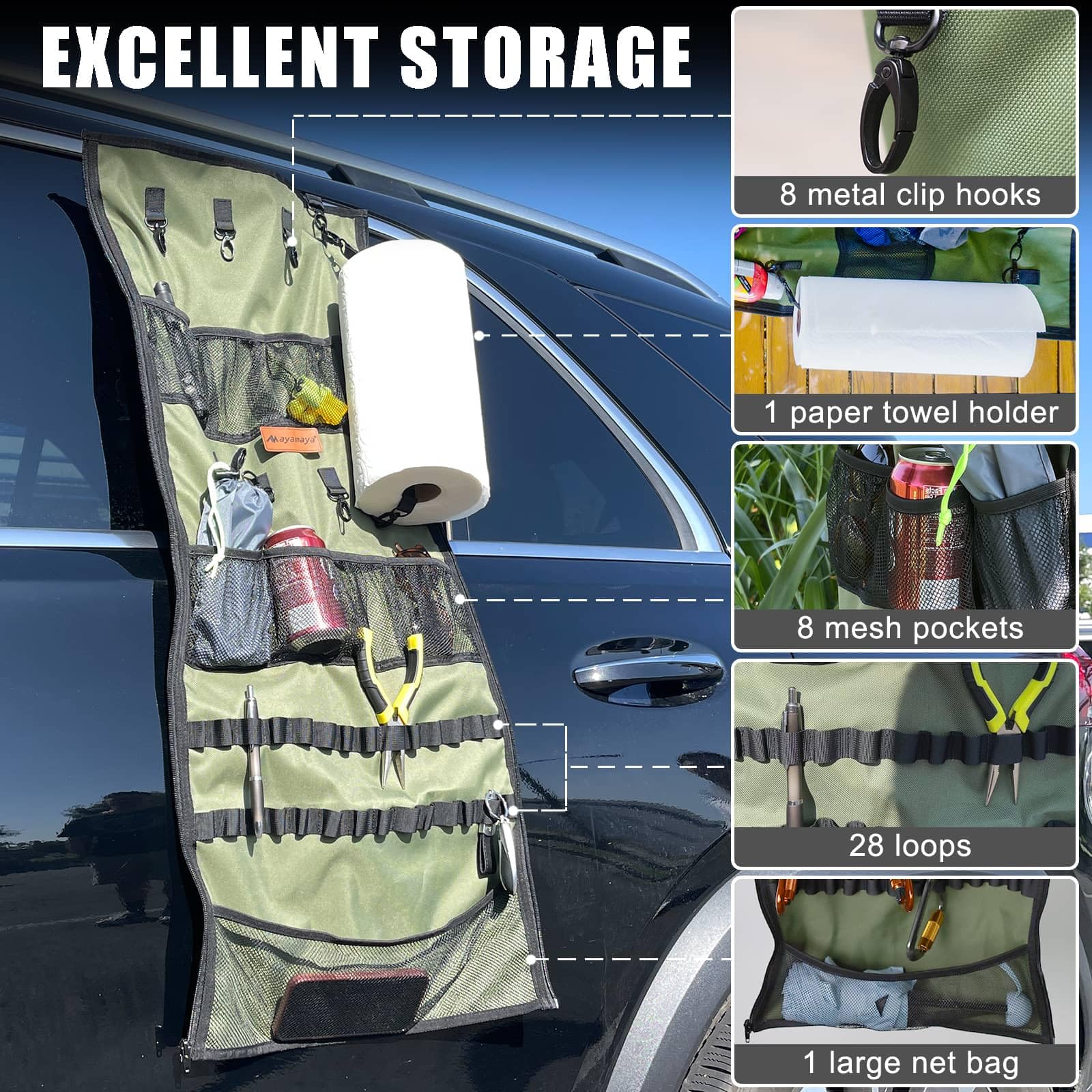 Camping Hanging Organizer - Ayamaya Tent Organizer For Inside With Campsite Storage Straps & Mesh Pockets & Hanging Hooks For Ca