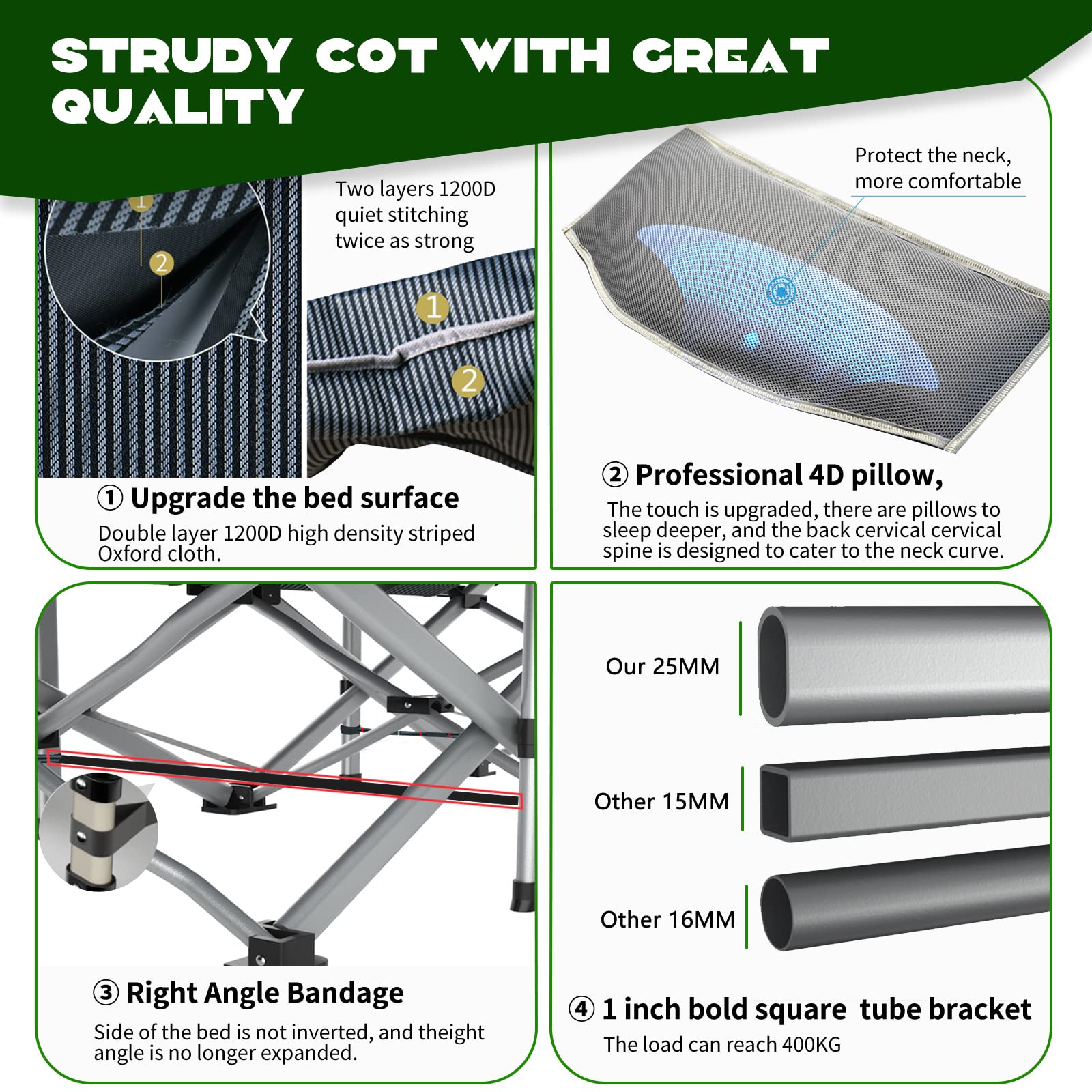 Naizea Folding Camping Cots For Adults, Folding Cot With Mattress Camping Bed Camp Cot Portable Military Cot, Double Layer Oxfor