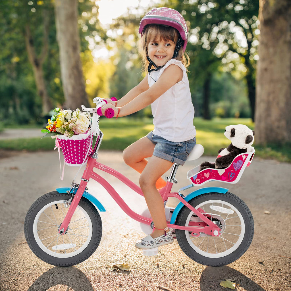 Baby Joy Kids Bike, 14 Inch Kids Bicycle W/Training Wheels, Adjustable Seat Handlebar Height, Storage Basket, Doll Seat, Handbra