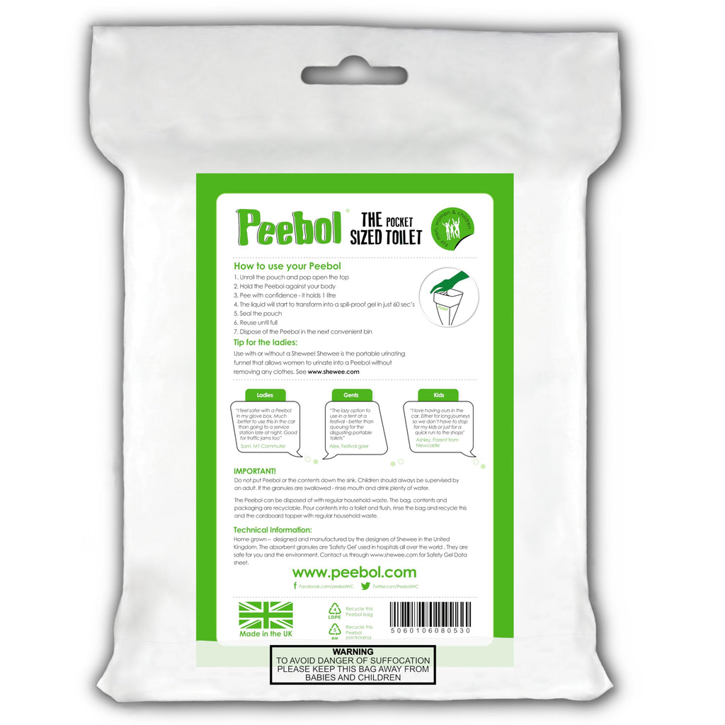 Peebol By Shewee - The Pocket-Sized Toilet - Rapidly Turns 1L Of Urine Into An Odourless, Compostable & Solid Gel. Uk Made, Disp