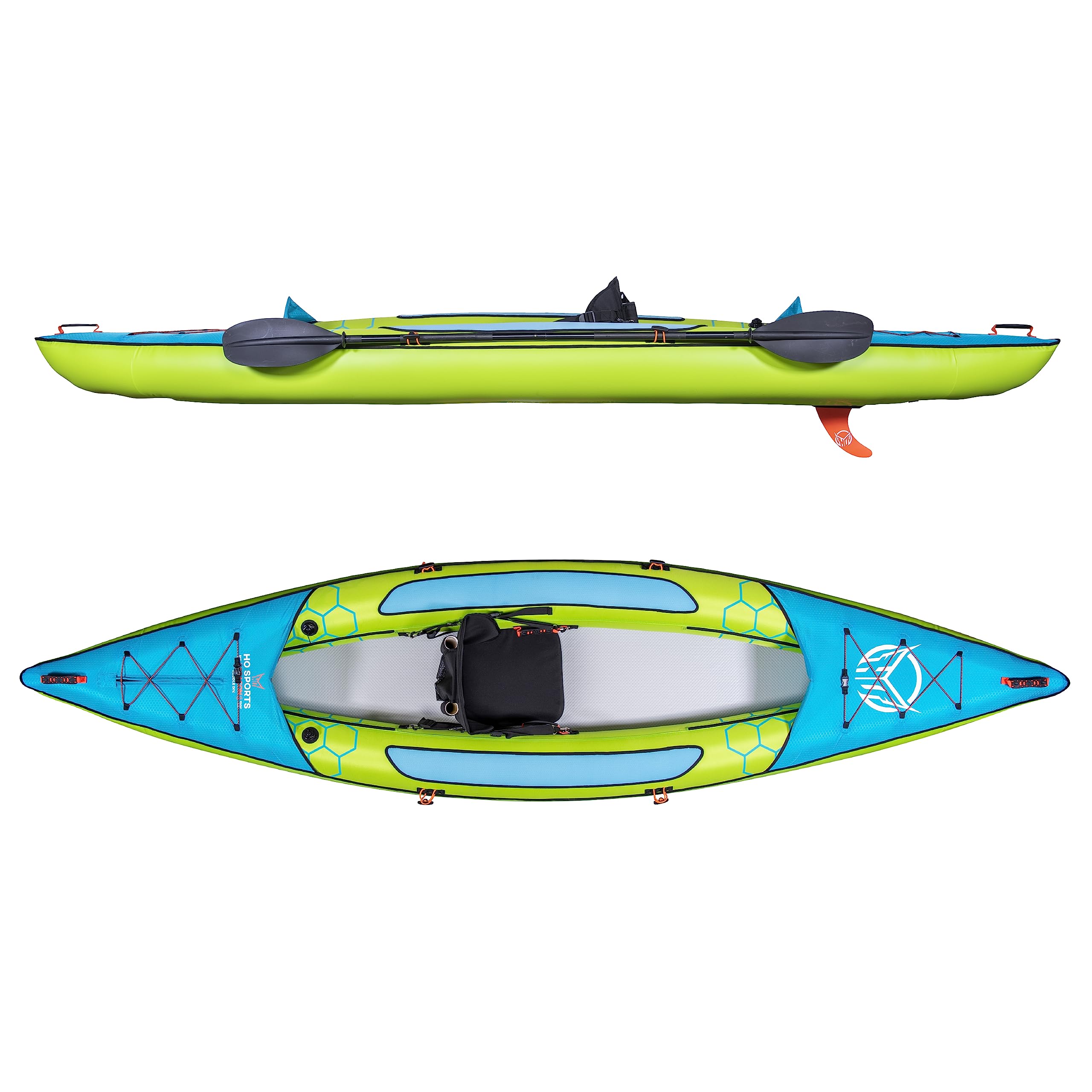 HO Sports Beacon Inflatable Kayak with Hand Pump, Adjustable Paddle & Carry Bag - Ergonomic High-Back Seat with Storage Holder &