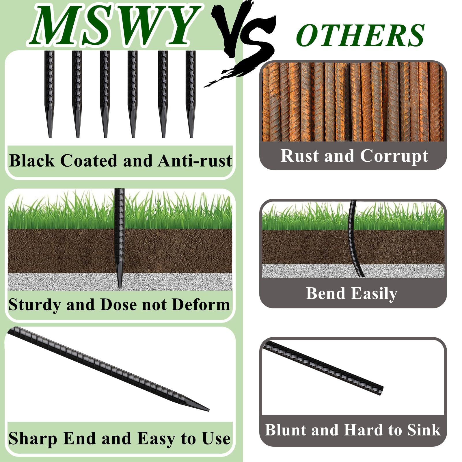 Mswy 16 Inch Rebar Stakes 20 Pack Heavy Duty Ground Anchors 1/2 Inch Diameter Galvanized Steel Asphalt Anchoring Metal Spikes Fo