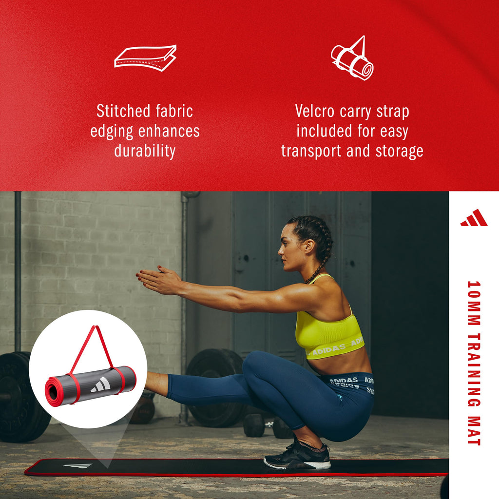 Adidas 10mm Extra Thick Training Mat with Carrying Strap and Non-Slip Textured Base - Cushioned Workout Mat for Home Gym, Floor