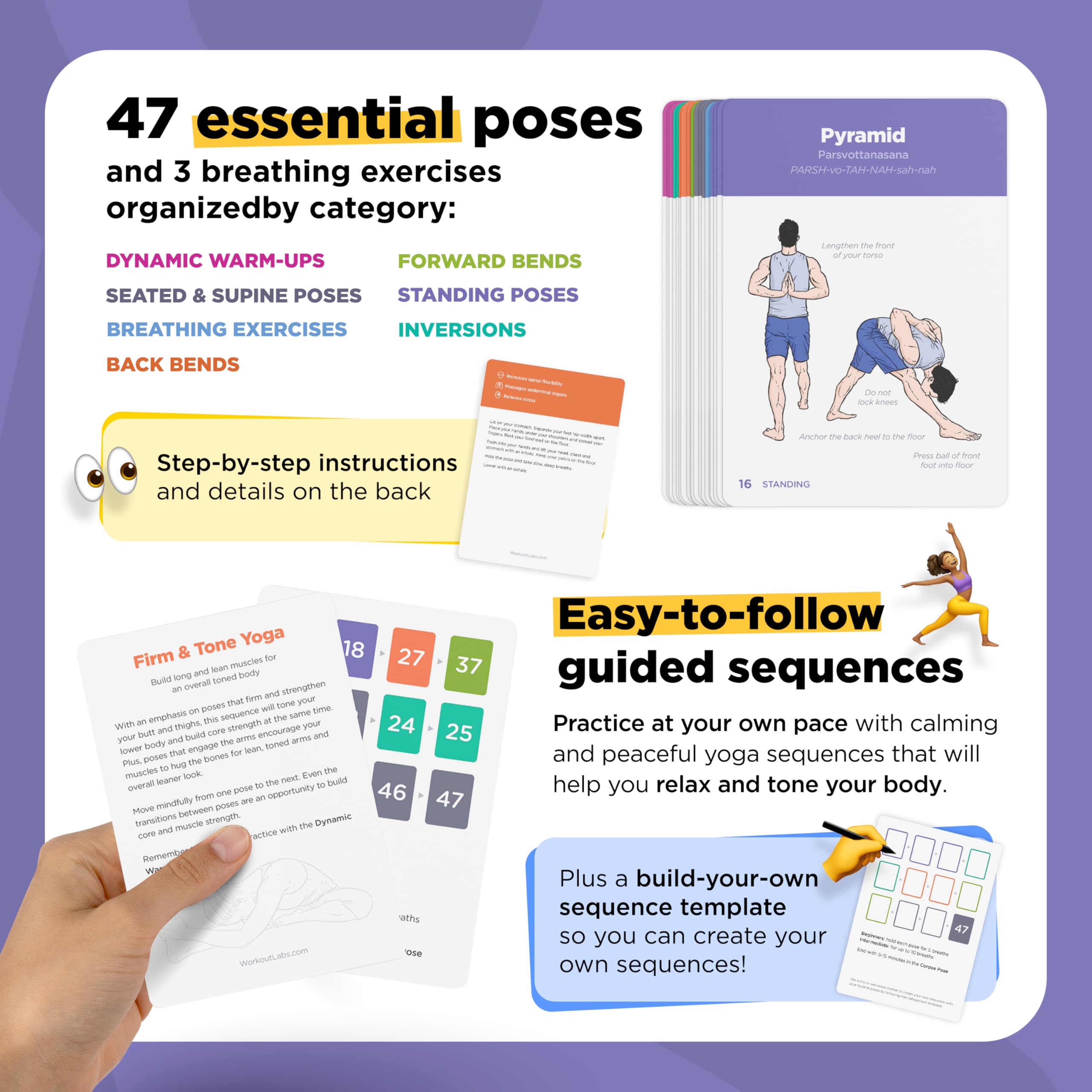 Workoutlabs Yoga Cards - Beginner: Visual Study, Class Sequencing & Practice Guide With Essential Poses, Breathing Exercises & M