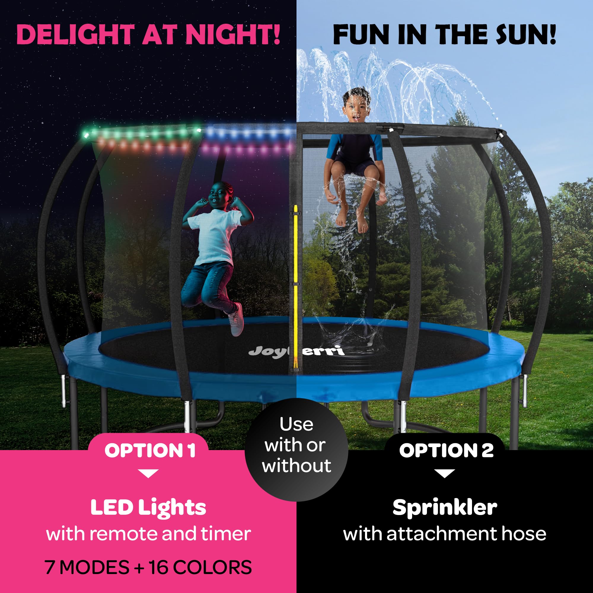 Trampoline for Kids and Adults - 8Ft 10Ft 12Ft 14FT Trampoline with Net - with Bonus Sprinkler and LED Lights/ASTM Certified/Ext