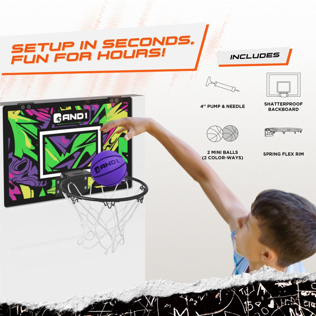 AND1 Over The Door Mini Basketball Hoop: 18x12 Shatterproof Backboard, 2 Mini Basketballs, and Hand Pump Included- Ultimate Indo