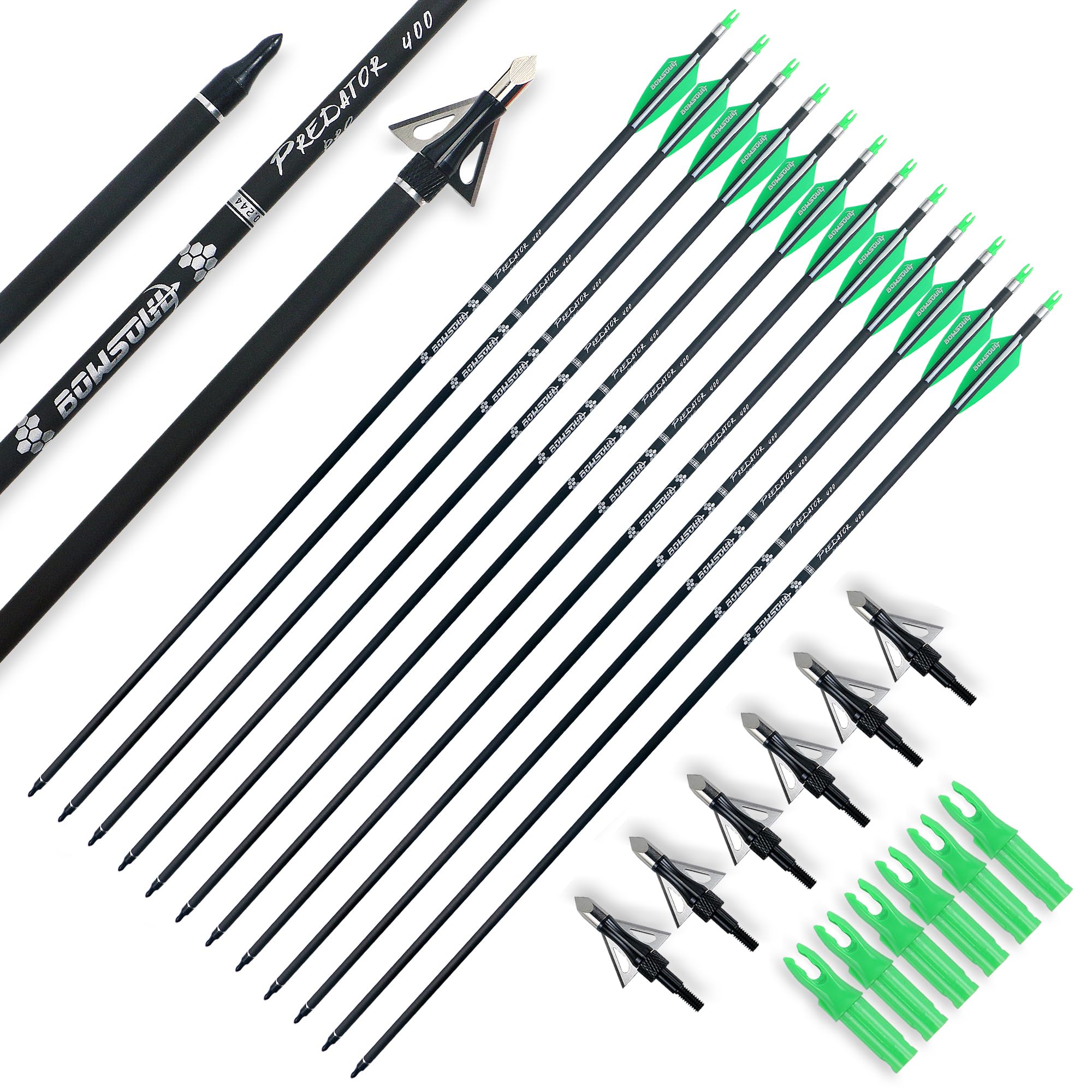 Bowsoul 30Inch Hunting Carbon Archery Arrows With 2.75    High Hardness Vanes Spine 400 For Compound Bow And Recurve Bow (Green