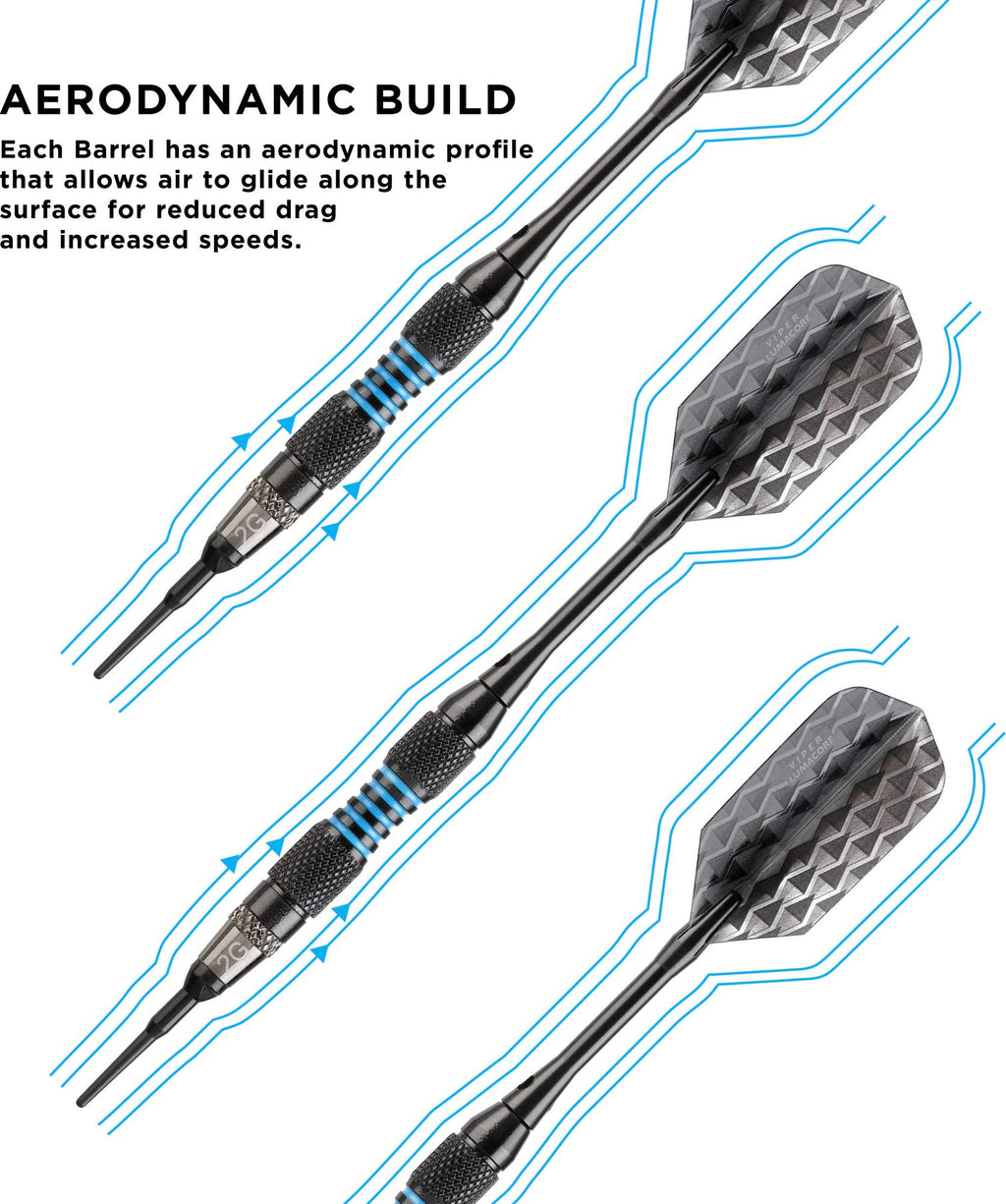 Viper Bobcat Adjustable Weight Soft Tip Darts With Storage/Travel Case: Black Coated Brass, Blue Rings, 16-18 Grams