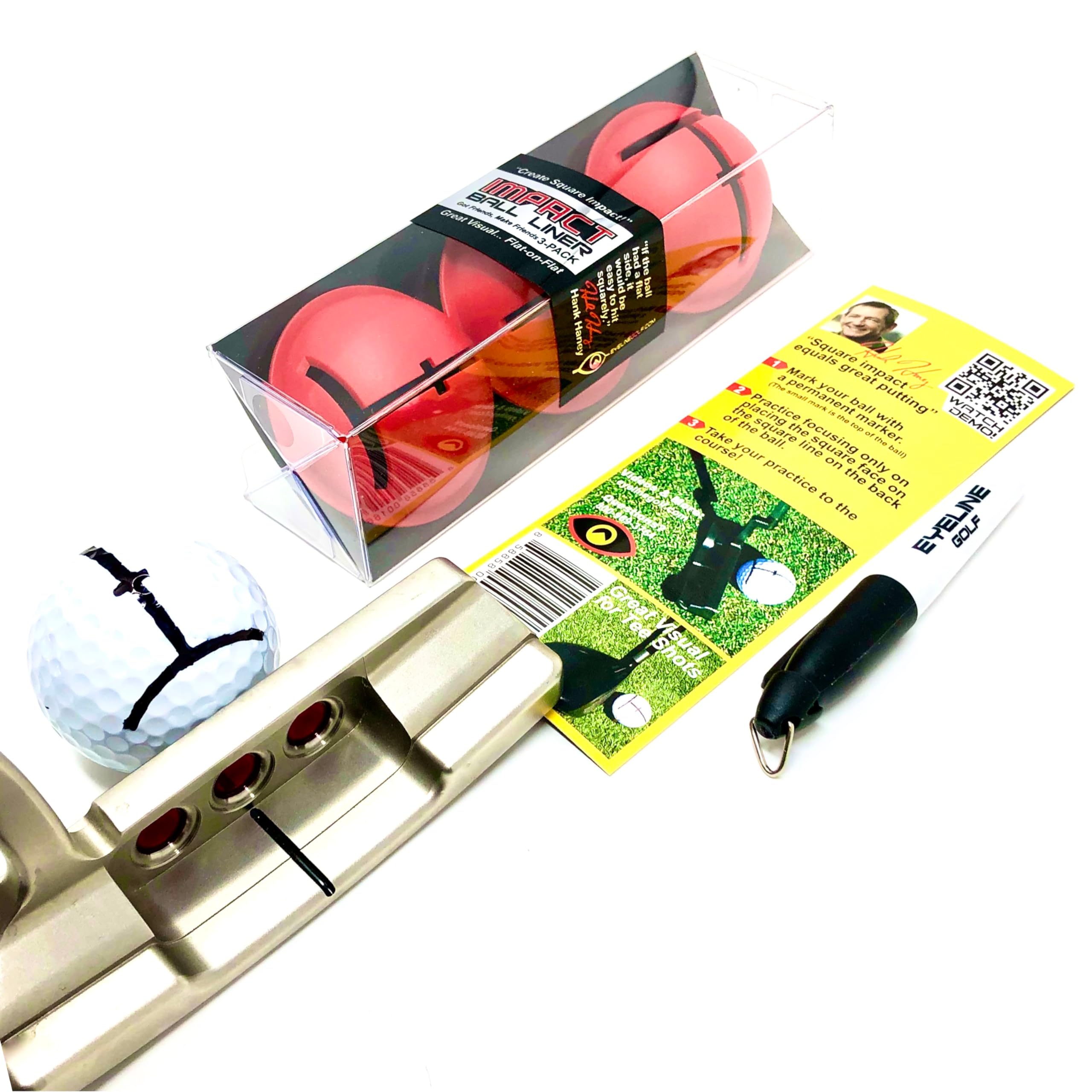 Eyeline Golf Impact Ball Liner - Training Aid Accessories - 3 -Pack Red Alignment Kit Marker Pen By Hank Haney. Align Ball See P