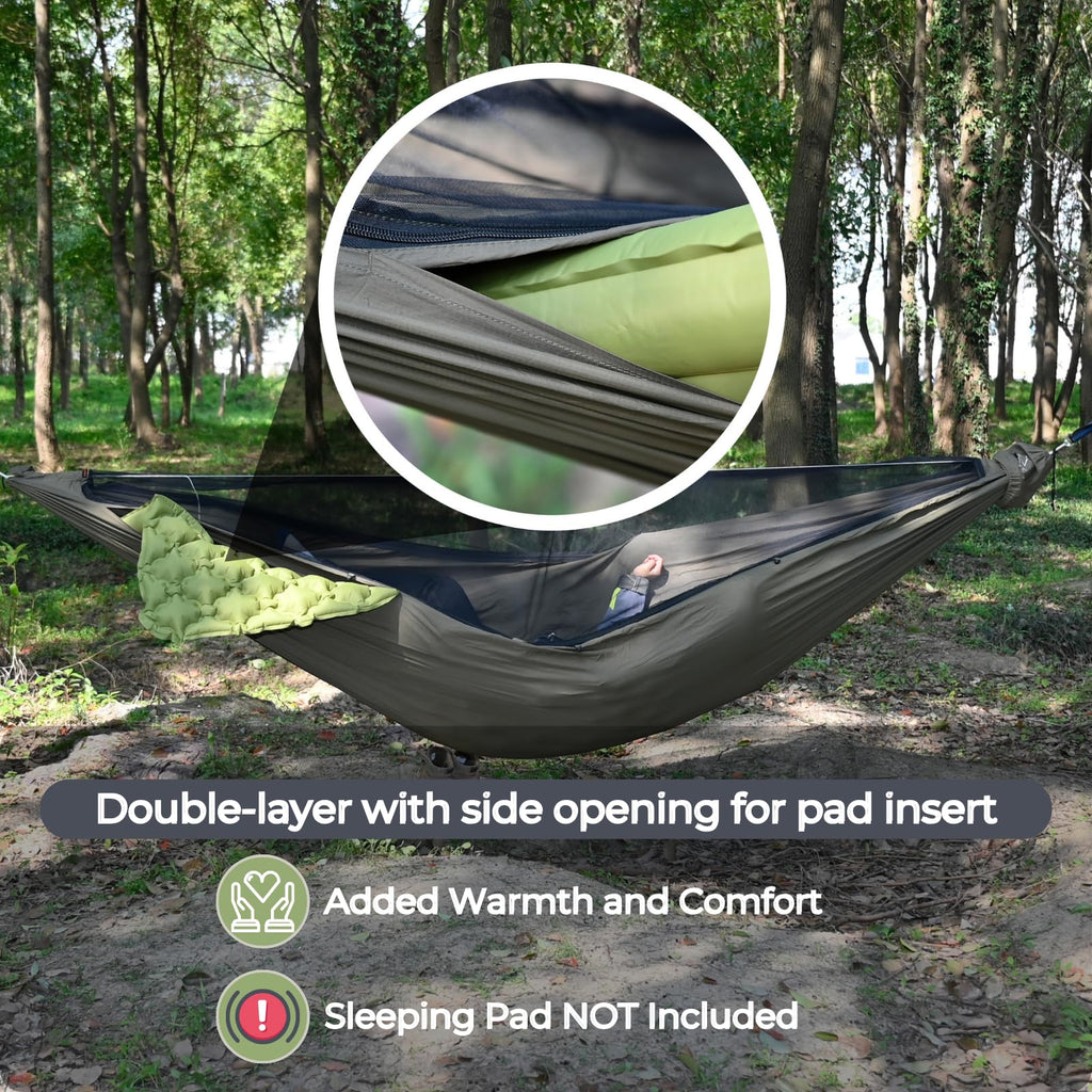 Onewind 11Ft Zipper Hammock With Mosquito Net For Camping, Portable Double-Layer Northers Hammock With Adjustable Ridgeline For