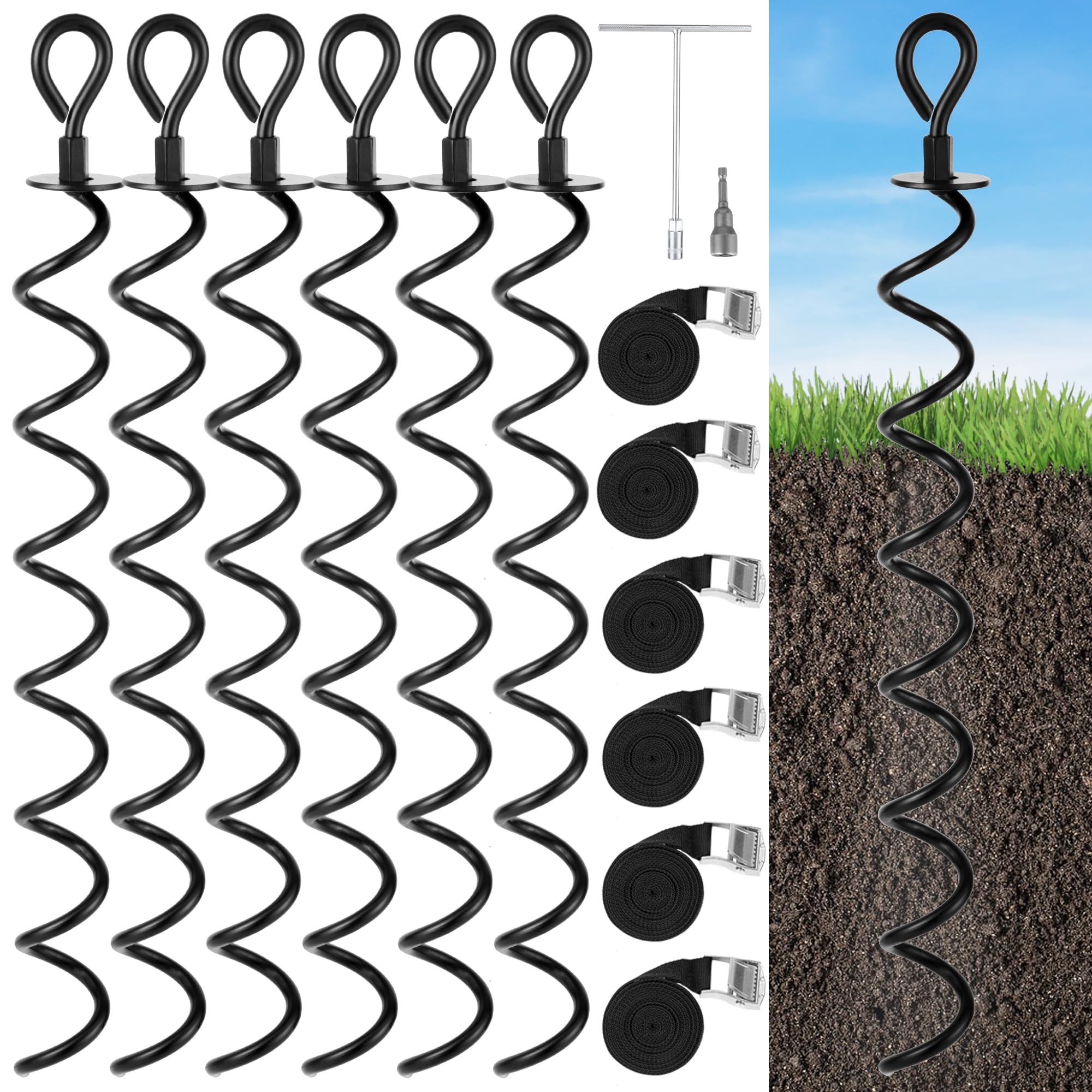 XYADX 22.4 Inch Ground Anchor Screw in,6 Pack Trampoline Stakes Anchor Kit,Heavy Duty Spiral Windproof Tie Down Kit with T-Hook&