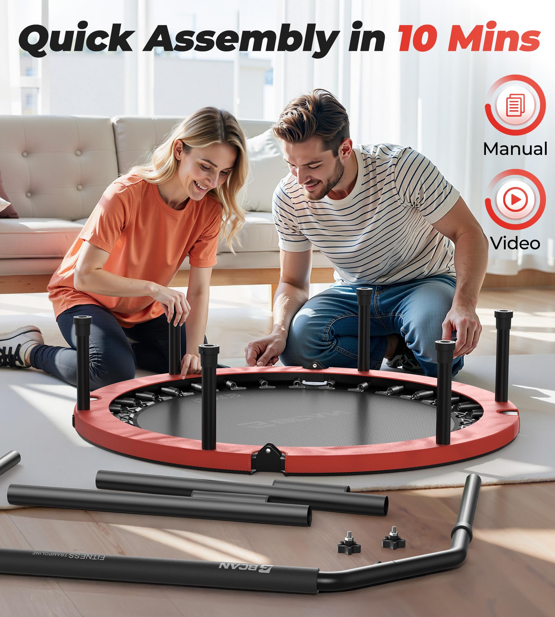 BCAN 40 Foldable Mini Trampoline Max Load 330lbs, Fitness Rebounder with Adjustable Foam Handle, Exercise Trampoline for Adults