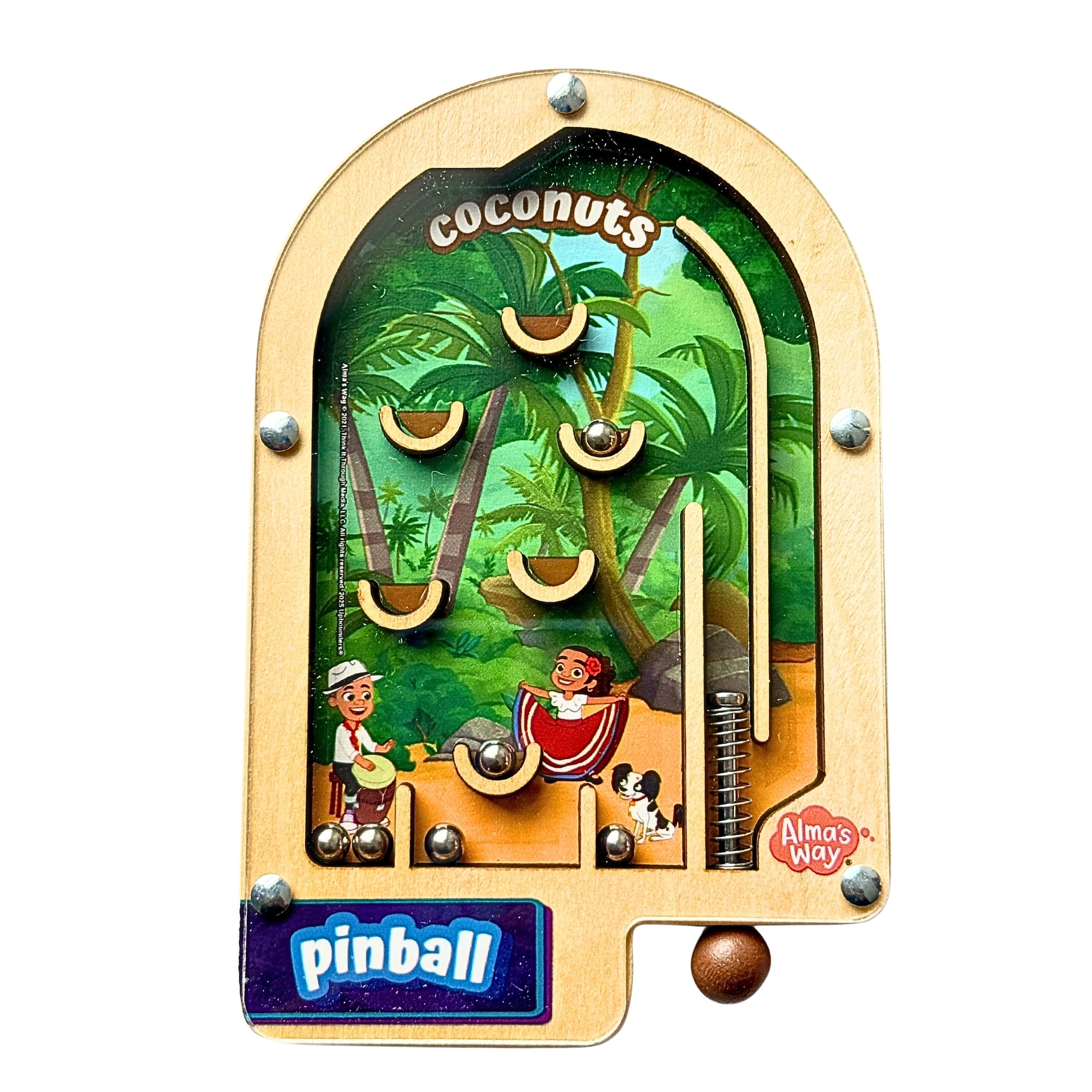 Upbounders Almas Way Coconuts Wooden Pinball - Hand-Held Travel Pinball Toy for Kids 3+ - Island Adventure Screen-Free Play