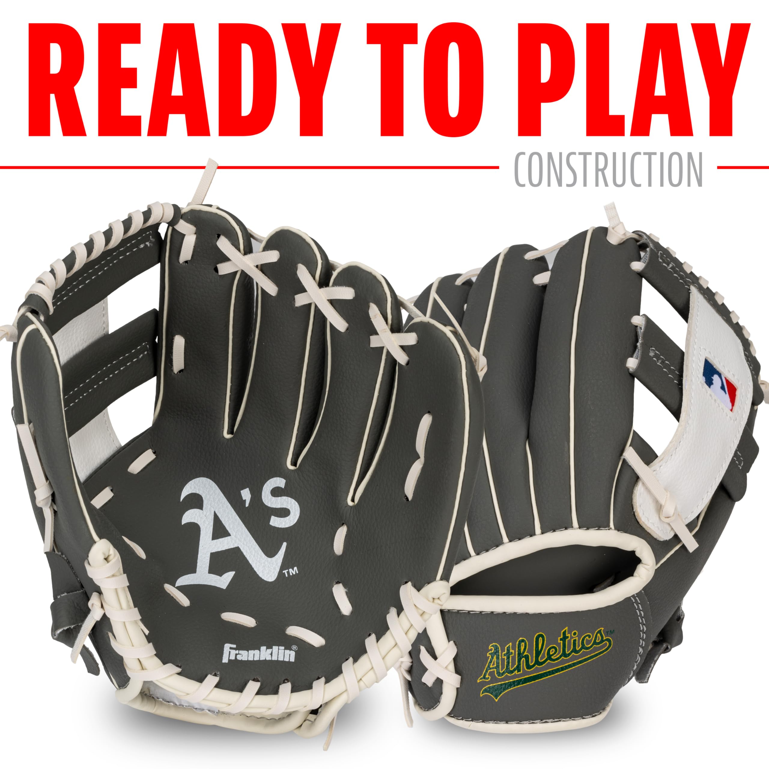 Franklin Sports Mlb Youth Teeball Glove + Foam Ball Set - Kids Oakland Athletics Baseball + Teeball Mitt And Ball - Perfect Firs
