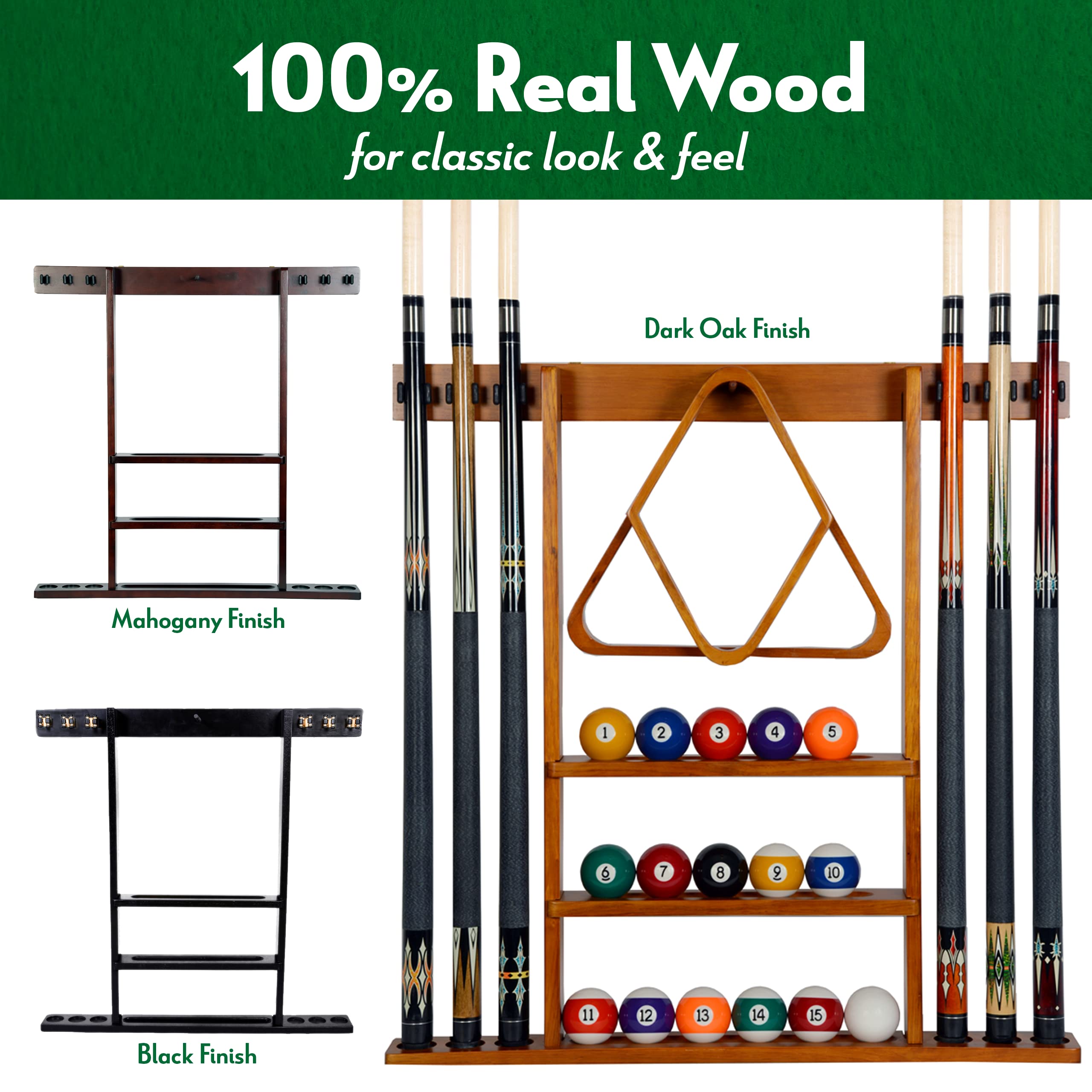 Iszy Billiards Pool Cue Rack - Billiard Pool Stick And Ball Holder Only - 100% Wood Wall Mount Holds 6 Cues And 16 Balls - Pool
