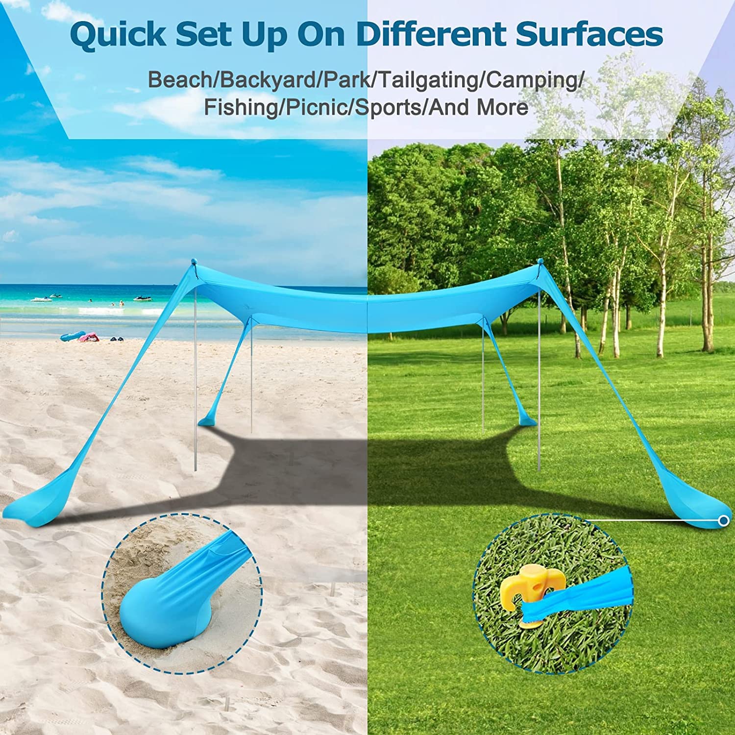 Commouds Beach Tent Canopy With 4 Aluminum Poles, Upf58+ Pop Up Beach Sun Shade, Portable Beach Sun Shelter, Easy Set Up For Bea