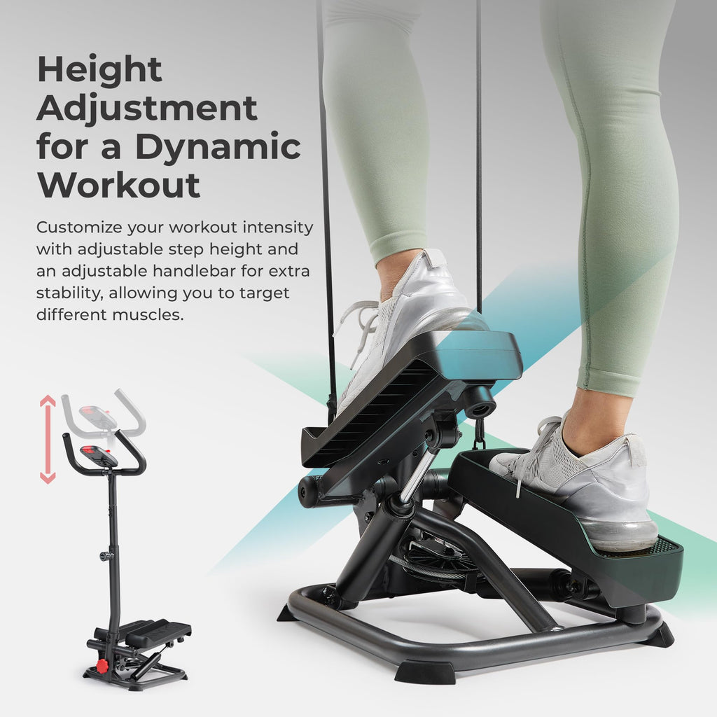 Sunny Health & Fitness Total Body 2-in-1 Smart Stepper Machine for Home with Handlebar and Resistance Bands, Total Body Workout,