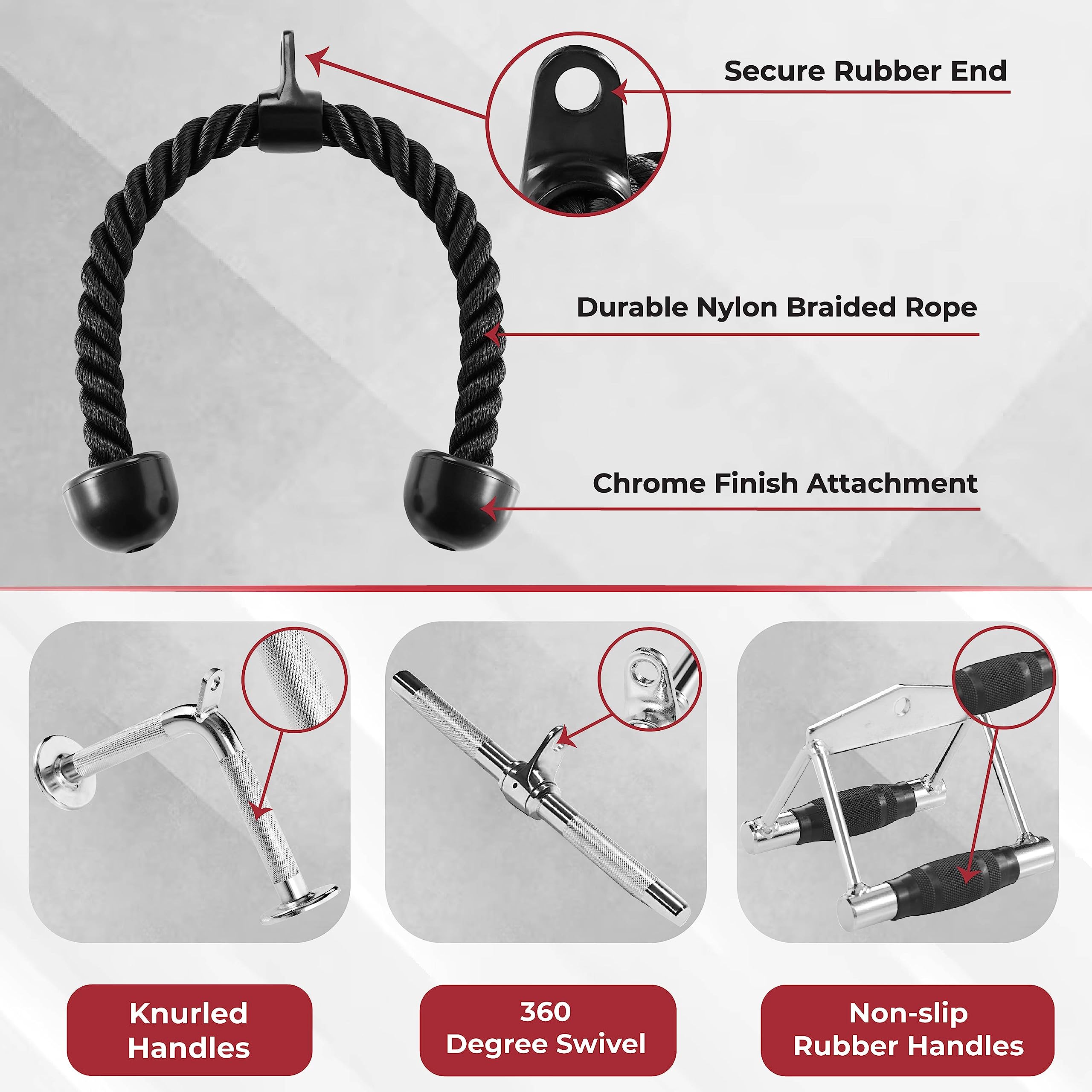 Yes4All Combo Double D Handle Cable Attachment, Tricep Ropetricep Pull Down Rope, Rotating Straight Bar, And V-Shaped Bar Handle