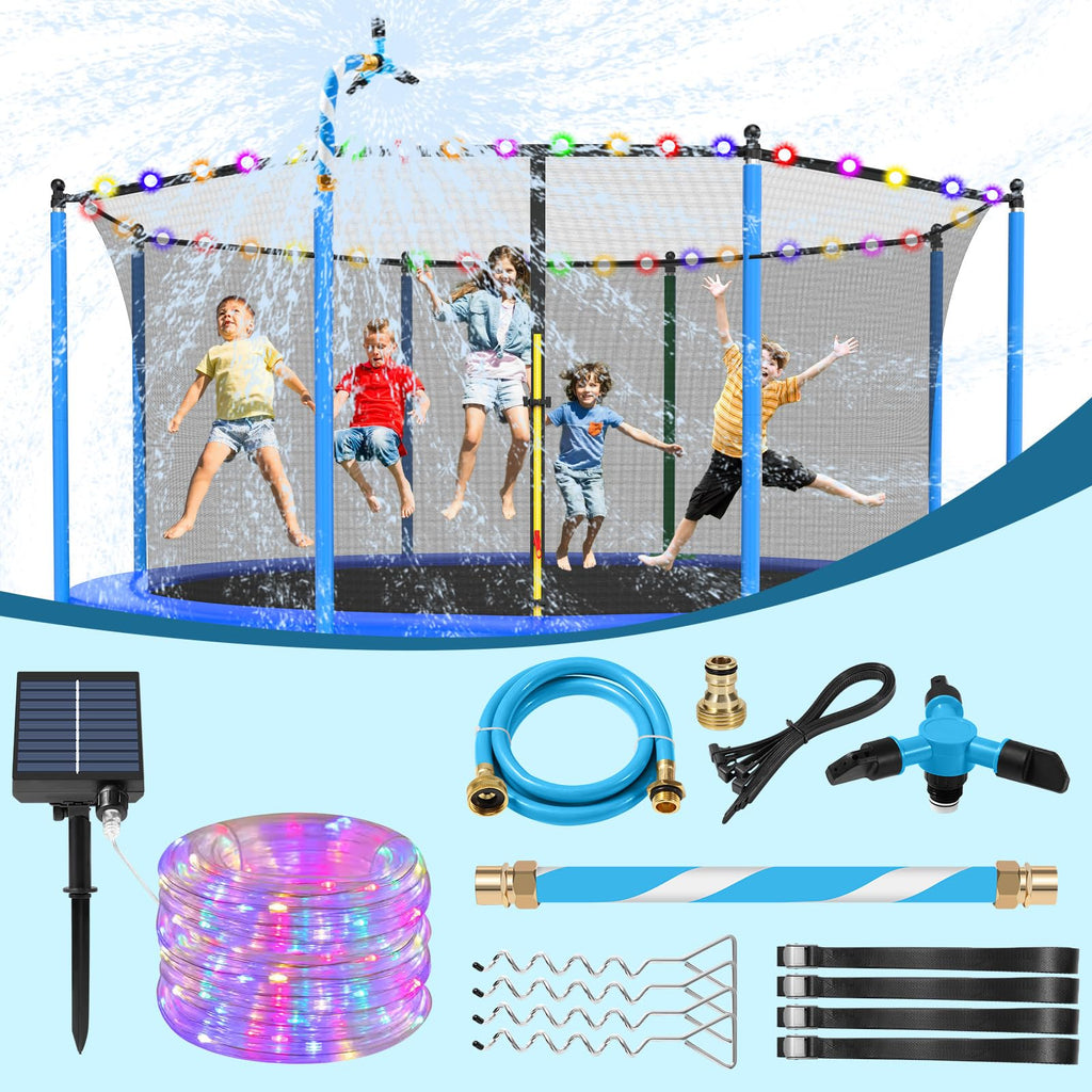 Lyromix Trampoline Accessories Kit, Trampoline Sprinkler, 50FT Solar Lights and Stakes, Non-Damaging to Net, Features 8 Light Mo