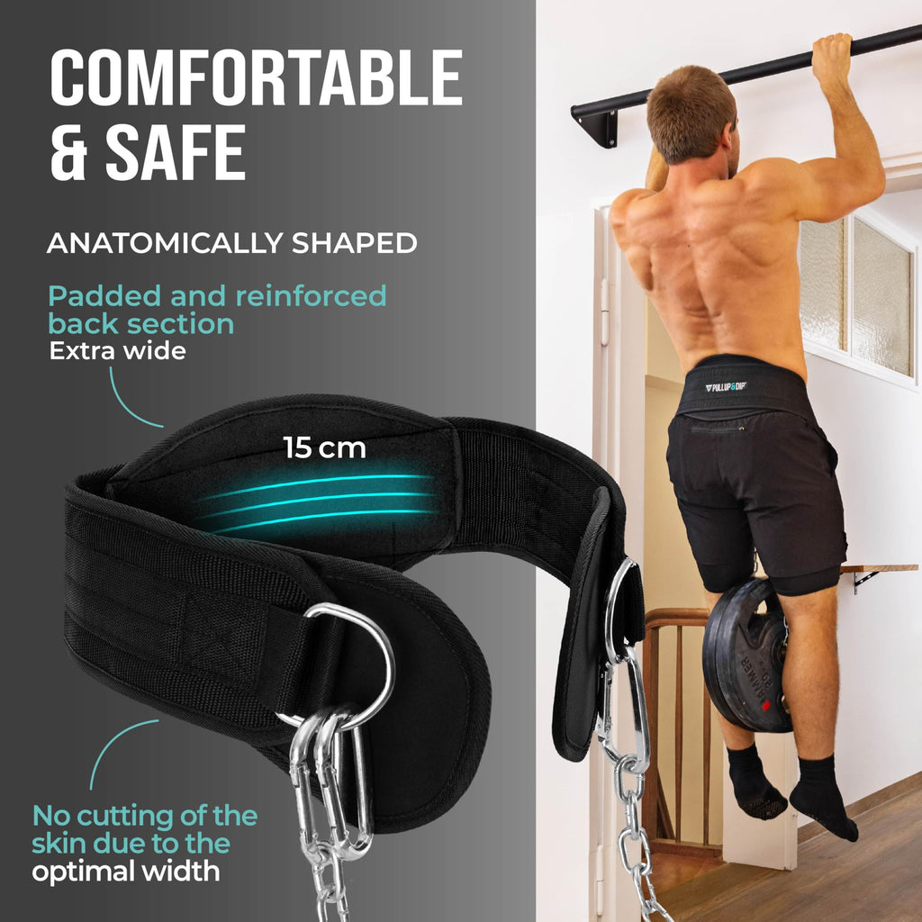 Pullup & Dip Belt With Chain And 3X Carabiner, Dip Belt Incl Neoprene Flaps As Clothing Protection, Weightlifting Belt, Weighted
