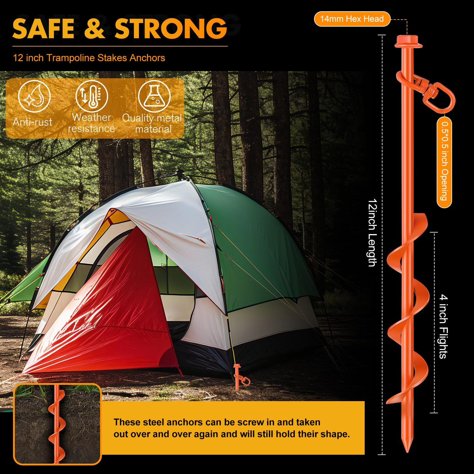 Zhengmy 12 Pcs Ground Anchors Screw In, 12 Inch Heavy Duty Tent Stakes With Trampoline Anchor Hook Ground Stakes For Camping Ten