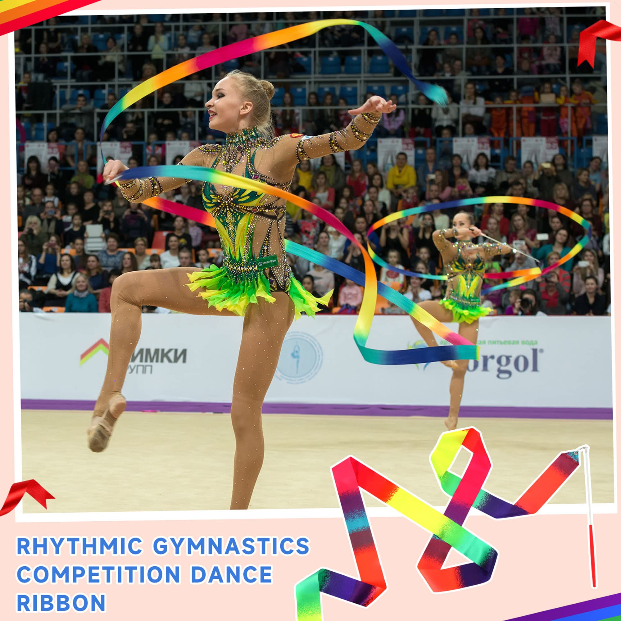 Yilloog Rainbow Dance Ribbon 78.7 Inch Gymnastics Ribbon Streamers Rainbow Artistic Ribbon Dancer Twirling Wands Rhythmic Gymnas