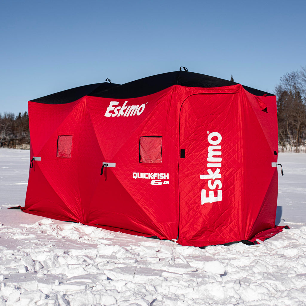 Eskimo QuickFish 6HD, Pop-Up Portable Shelter, No-Trip Door, Red/Black, Fully Insulated, Deluxe Ice Anchors, Six Person, Ice Fis