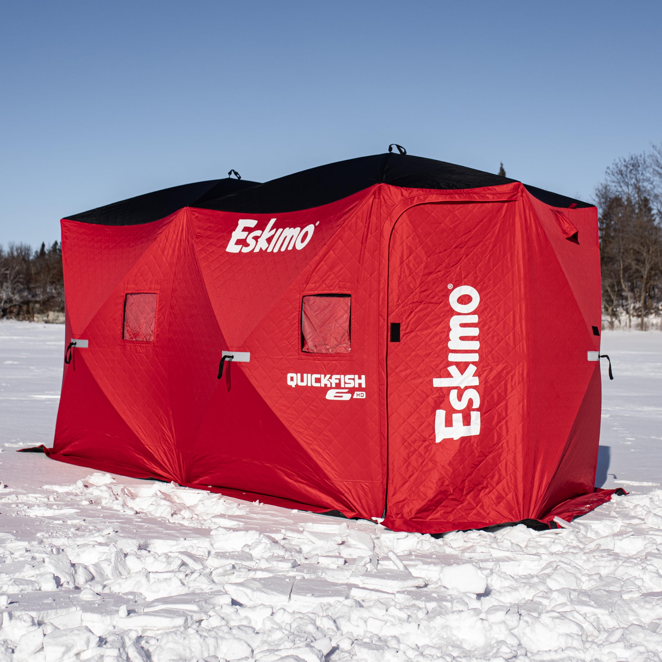 Eskimo QuickFish 6HD, Pop-Up Portable Shelter, No-Trip Door, Red/Black, Fully Insulated, Deluxe Ice Anchors, Six Person, Ice Fis