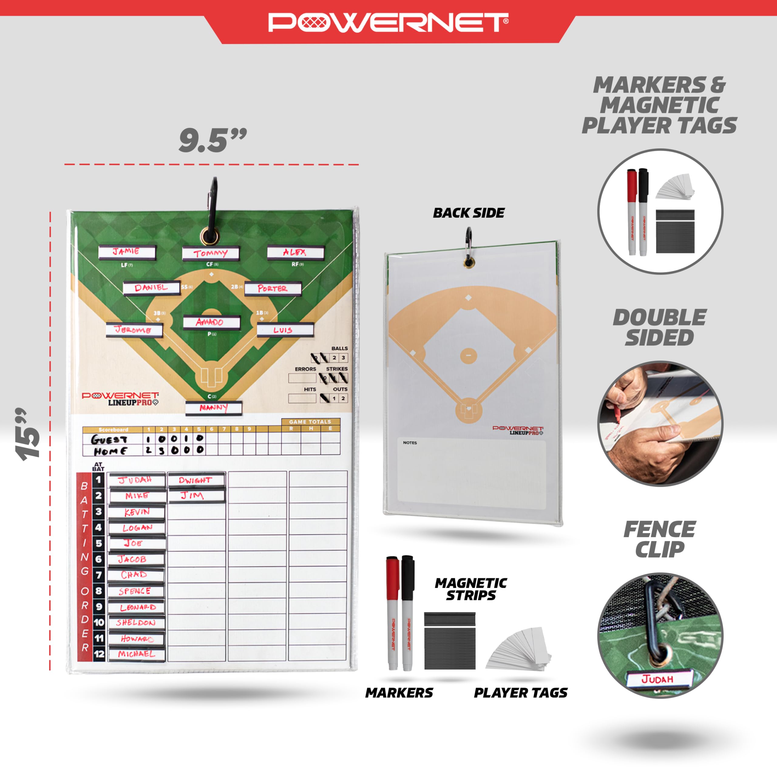 Powernet Magnetic Baseball Softball Lineup Coaching Board Double Sided With Fence Clip 2 Dry Erase Markers Weatherproof Sealed E