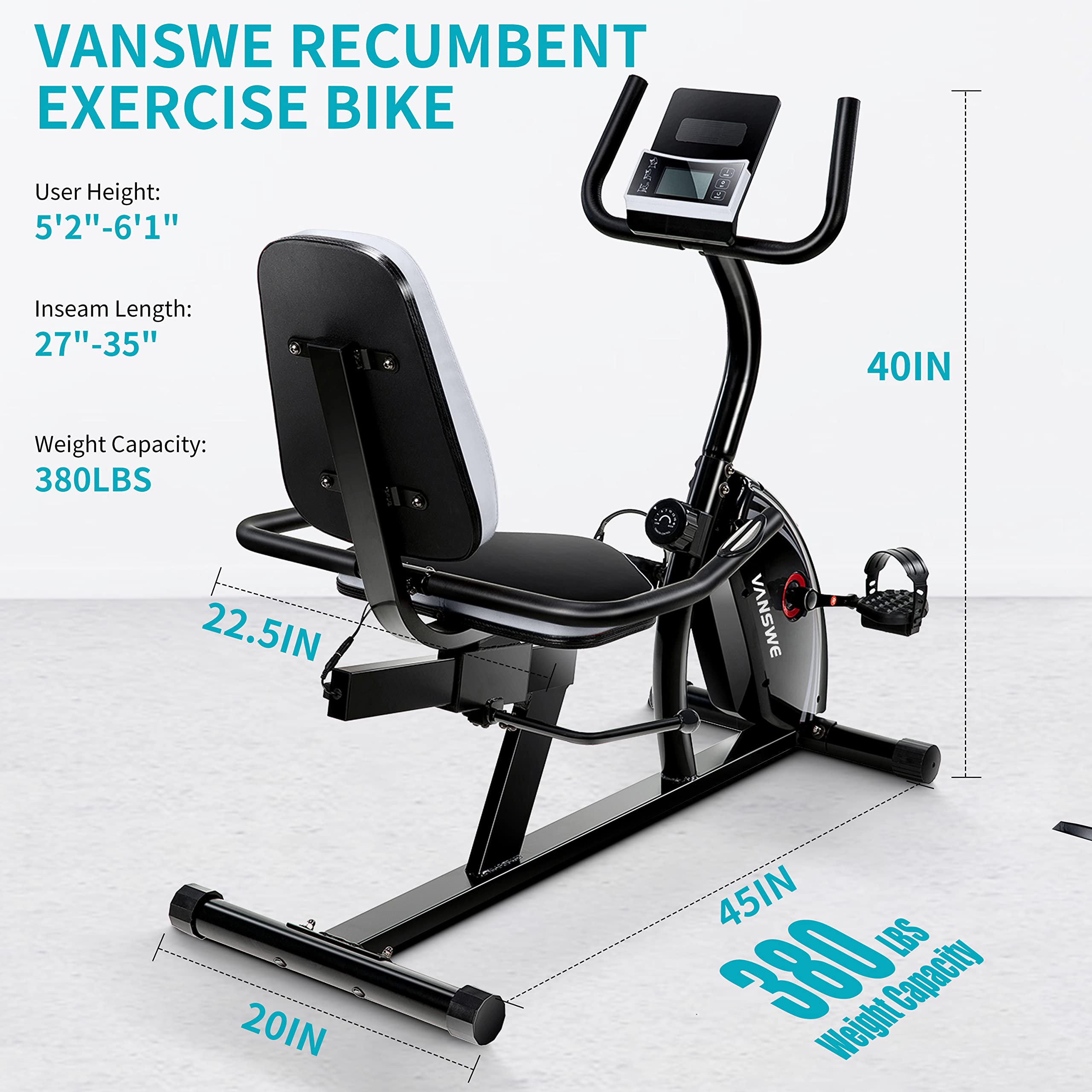 Vanswe Recumbent Exercise Bike For Adults Seniors Cardio Workout At Home With 16 Levels Magnetic Resistance, 380 Lbs Weight Capa