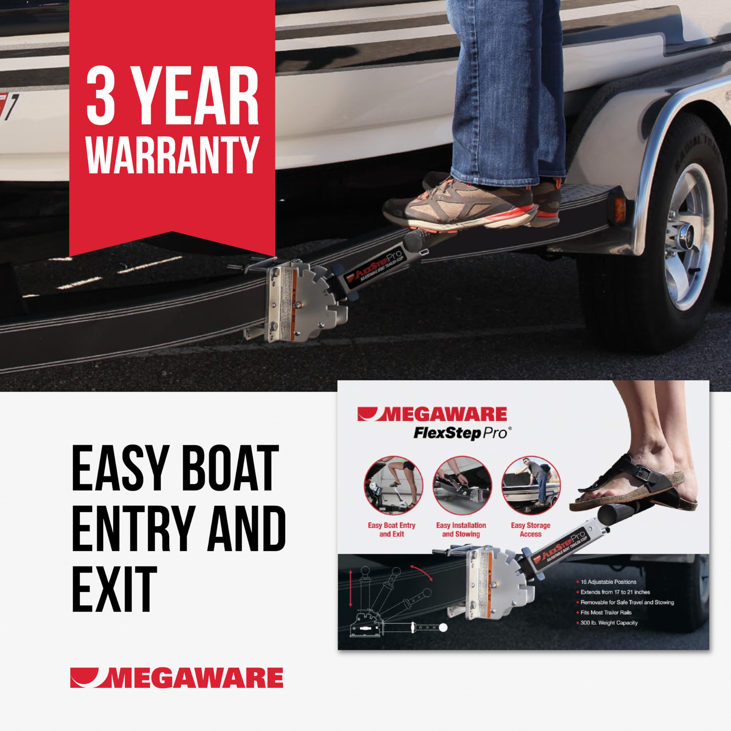 Megaware Flexstep Pro Adjustable Boat Trailer Step - Easy To Attach - Provides Additional Access Point, 16 Adjustable Positions,