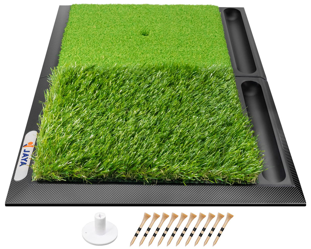 Jaya Golf Hitting Mat With Ball Tray, Heavy Rubber Base, Fairway & Rough Turf Golf Training Mat, Golf Tees And Rubber Tee Holder