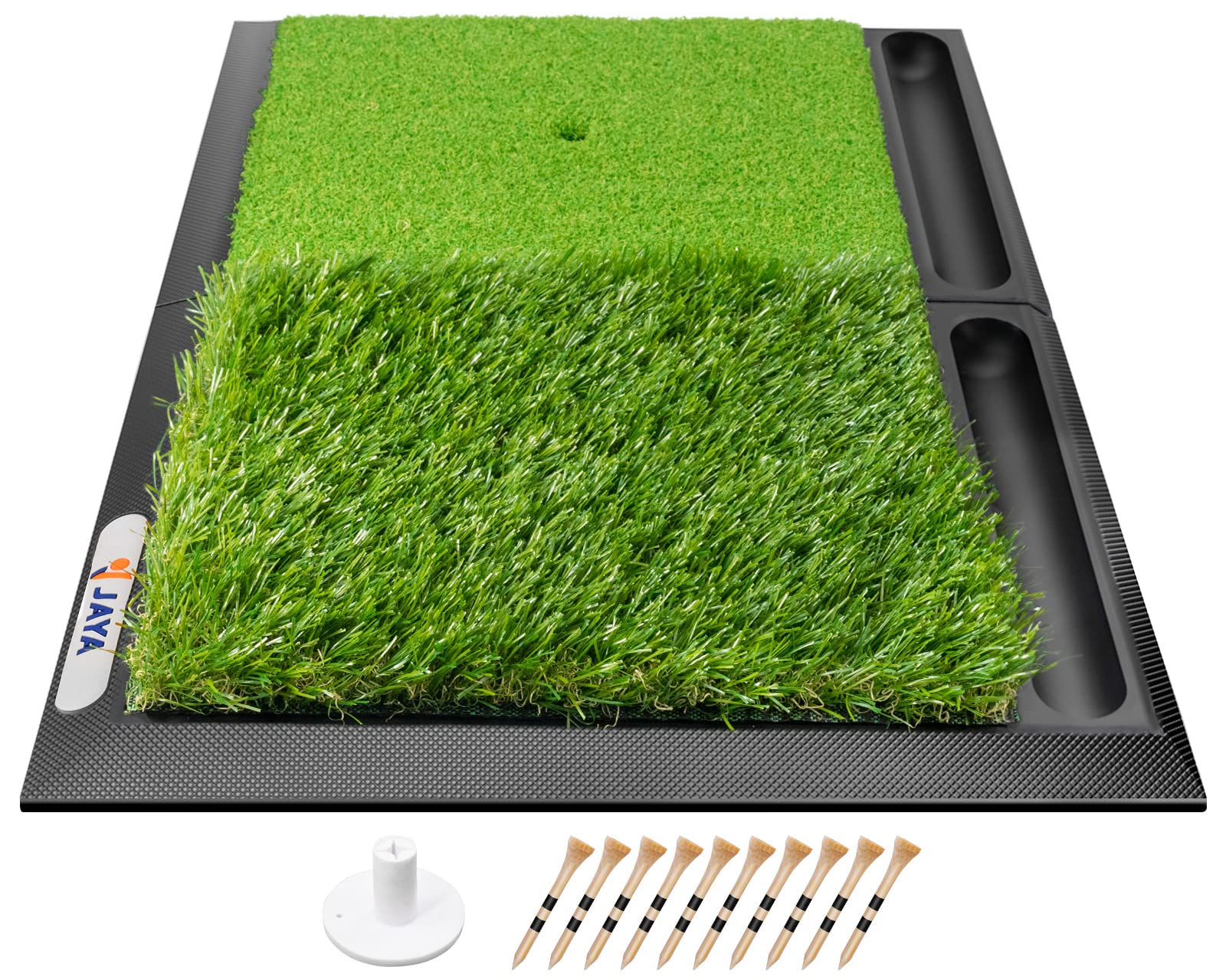 Jaya Golf Hitting Mat With Ball Tray, Heavy Rubber Base, Fairway & Rough Turf Golf Training Mat, Golf Tees And Rubber Tee Holder